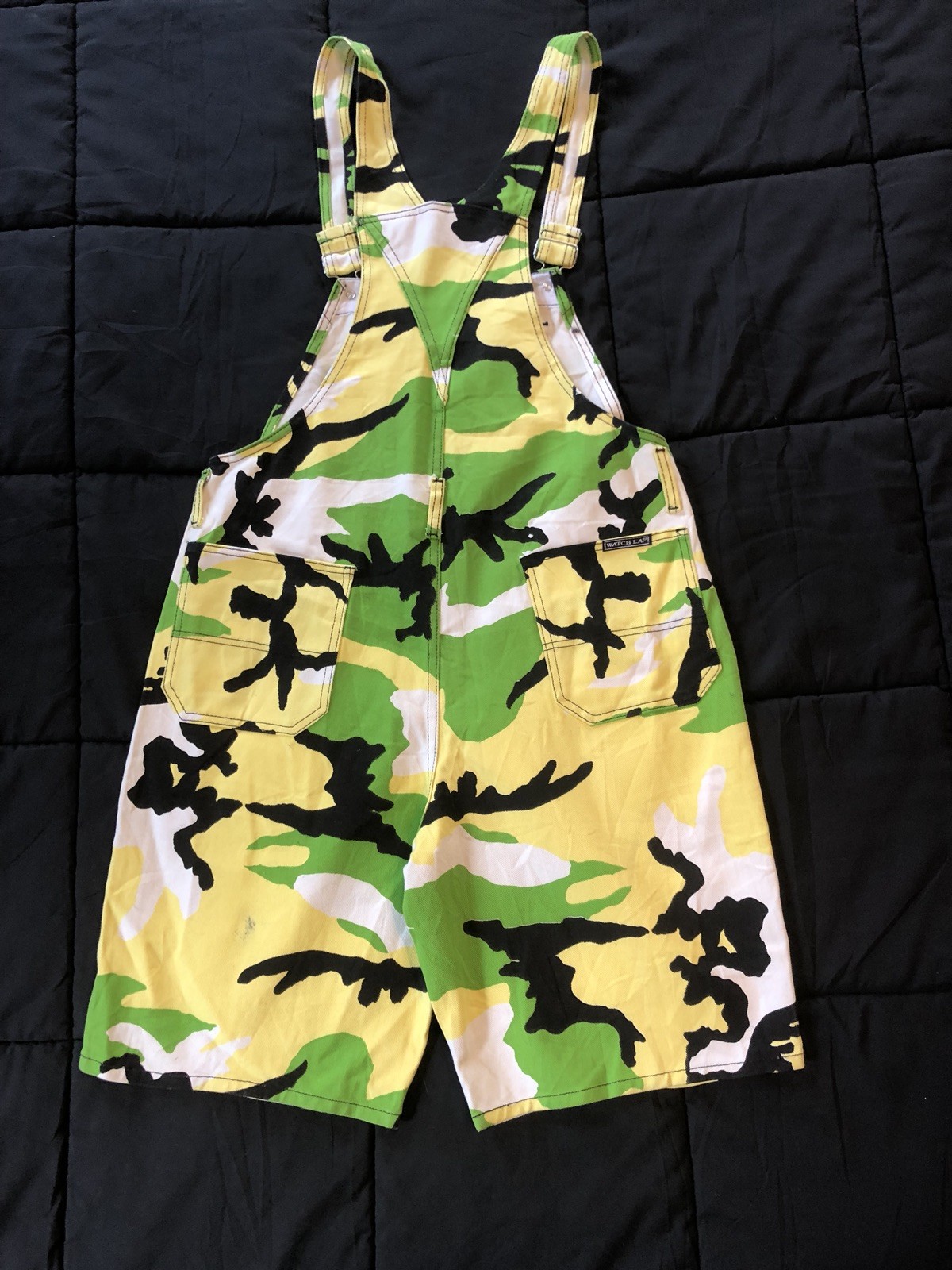 Vintage 90s Distressed Camo Cargo Jorts Overalls Cyber Goth Grunge Rave Club Kid