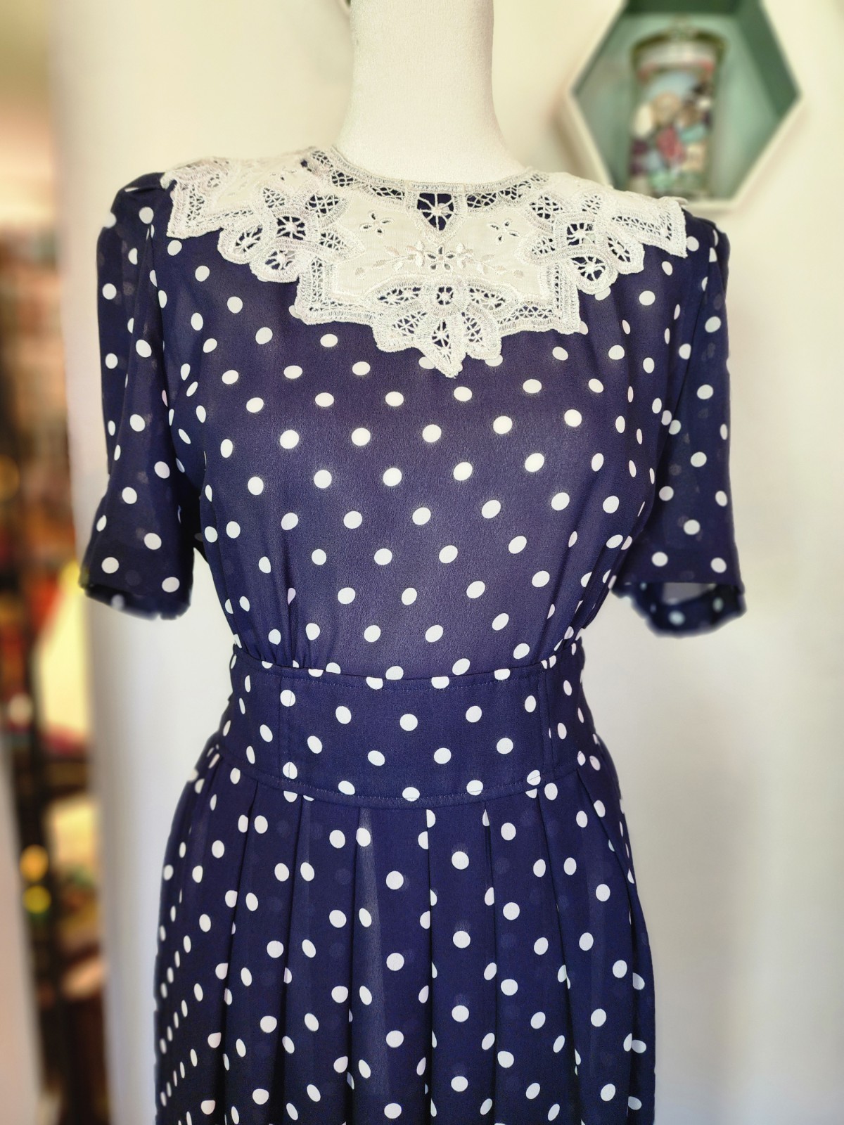 90s VTG KARIN STEVENS Cottagecore Modest Petites Polka Dot Pleated Midi Sz P8