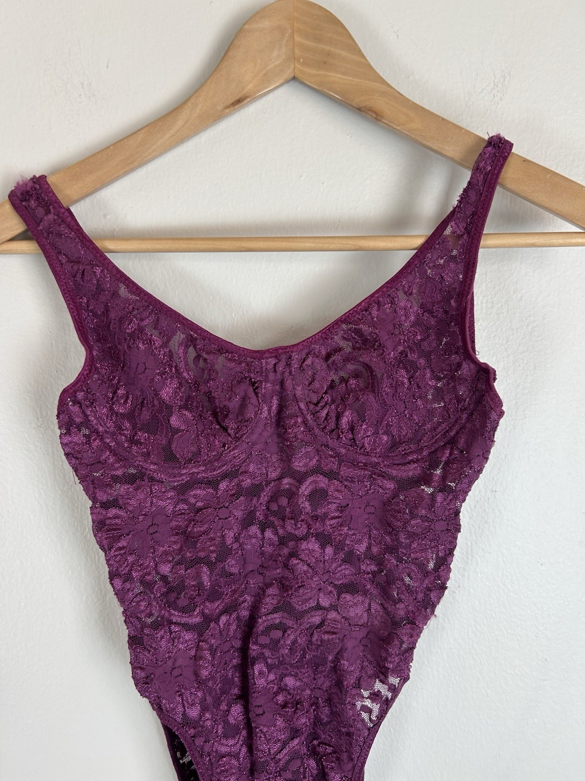 Vintage Vassarette Lace Embroidered Teddy Bodysuit Size 34C Purple Mesh Lingerie
