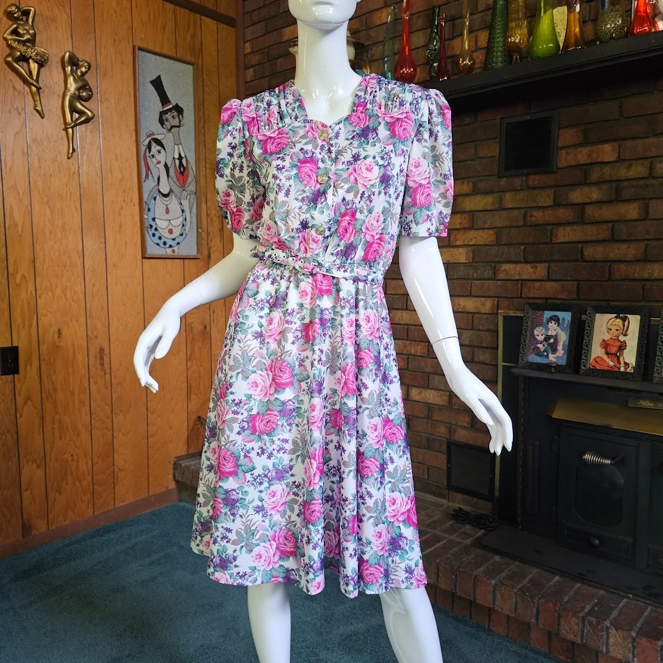 Vtg 80s Garden Party Cabbage Rose Granny Floral Belted Shirtwaist Tea Dress PM/L