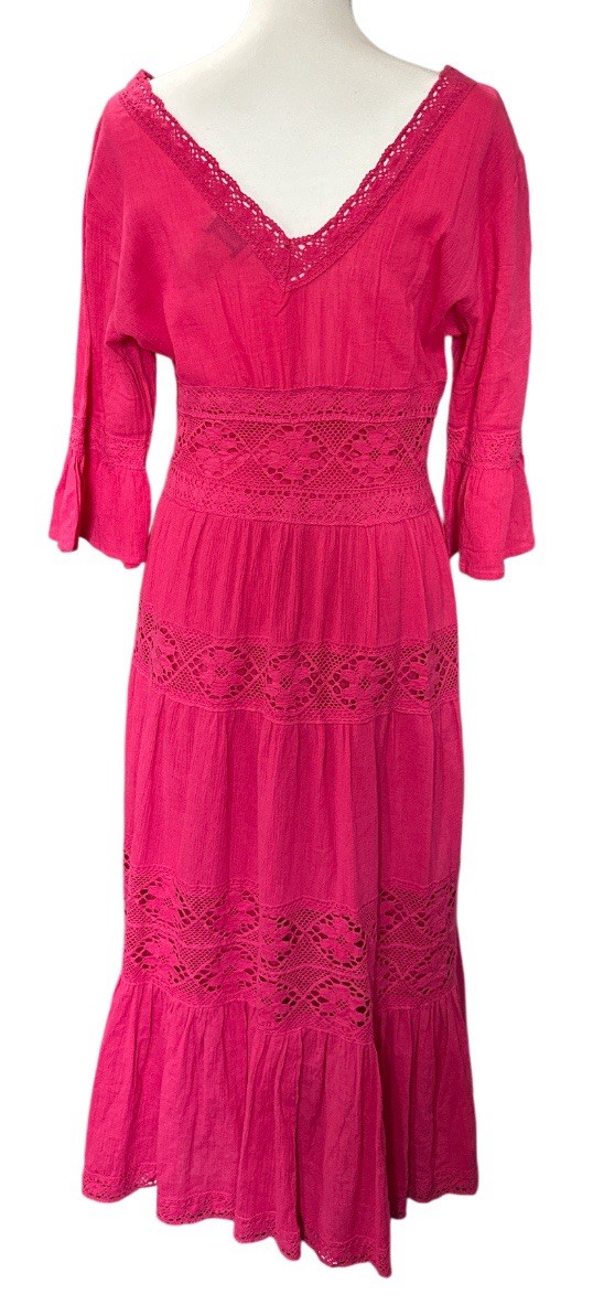 Vintage 80s Nieman Marcus Hot Pink Mexican Wedding Maxi Dress Boho M Lace Bell