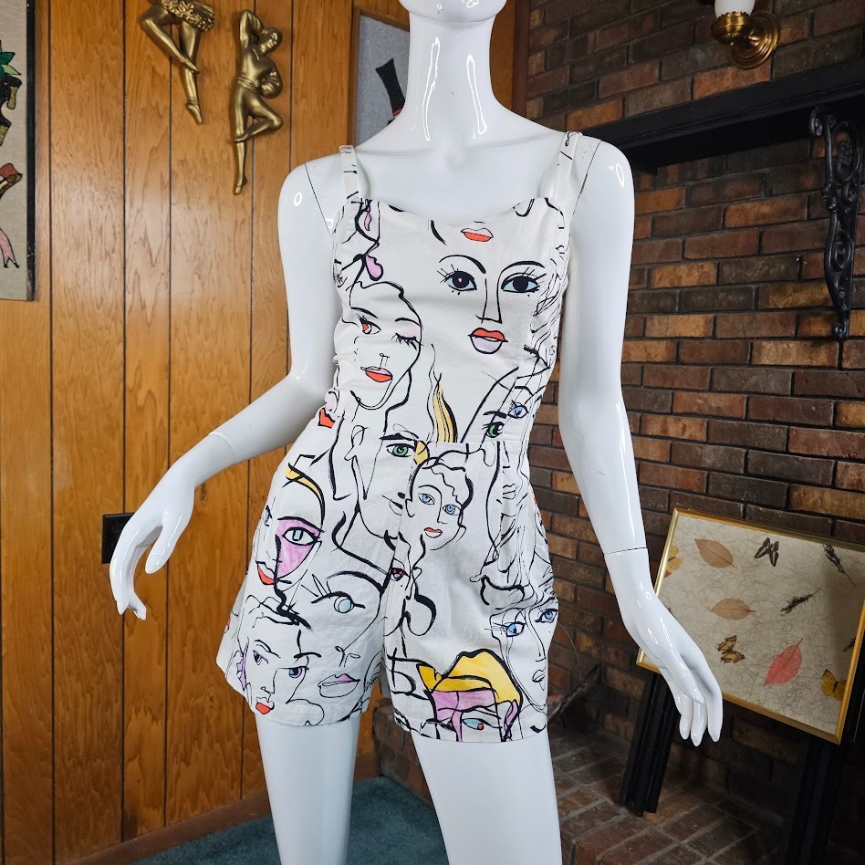 Vintage 80s New Wave Halter Bra Playsuit Glamour Face Smocked Shorts Romper M/L