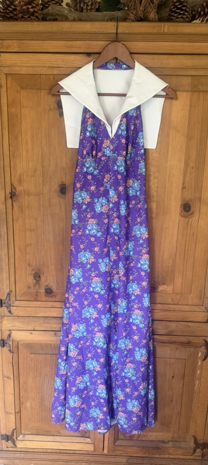 Vintage 70s Homemade Maxi Halter Dress Polyester BIG Collar Backless Talon #277