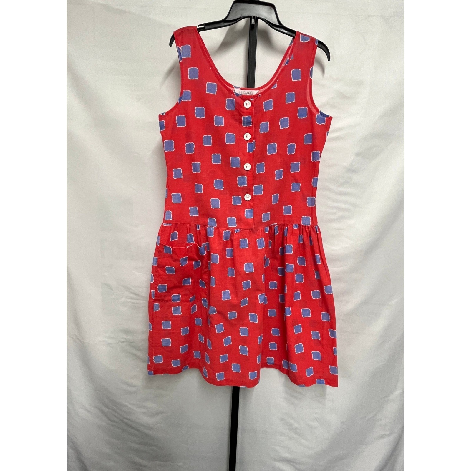 H. at HomeWear Vintage 90s Red Blue Square Print Drop Waist Pocket Dress L