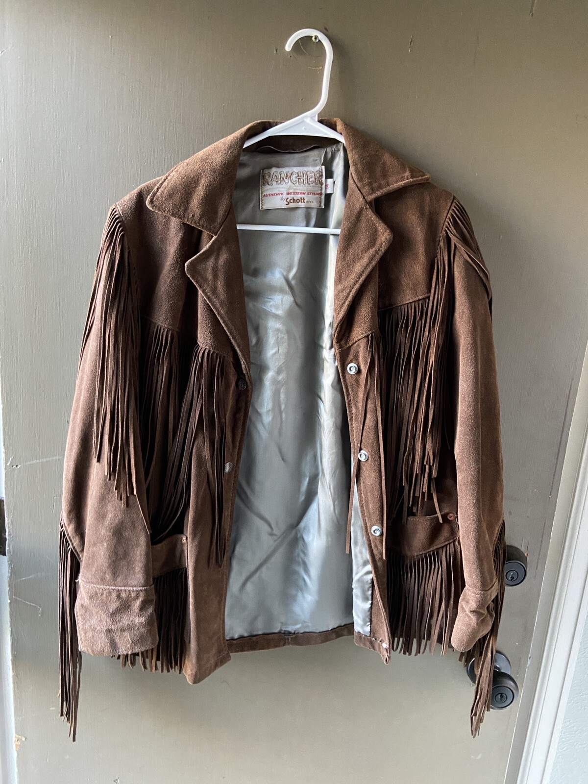 Schott RANCHER Vintage Western Fringe Leather Coat Jacket 14 Dark Brown