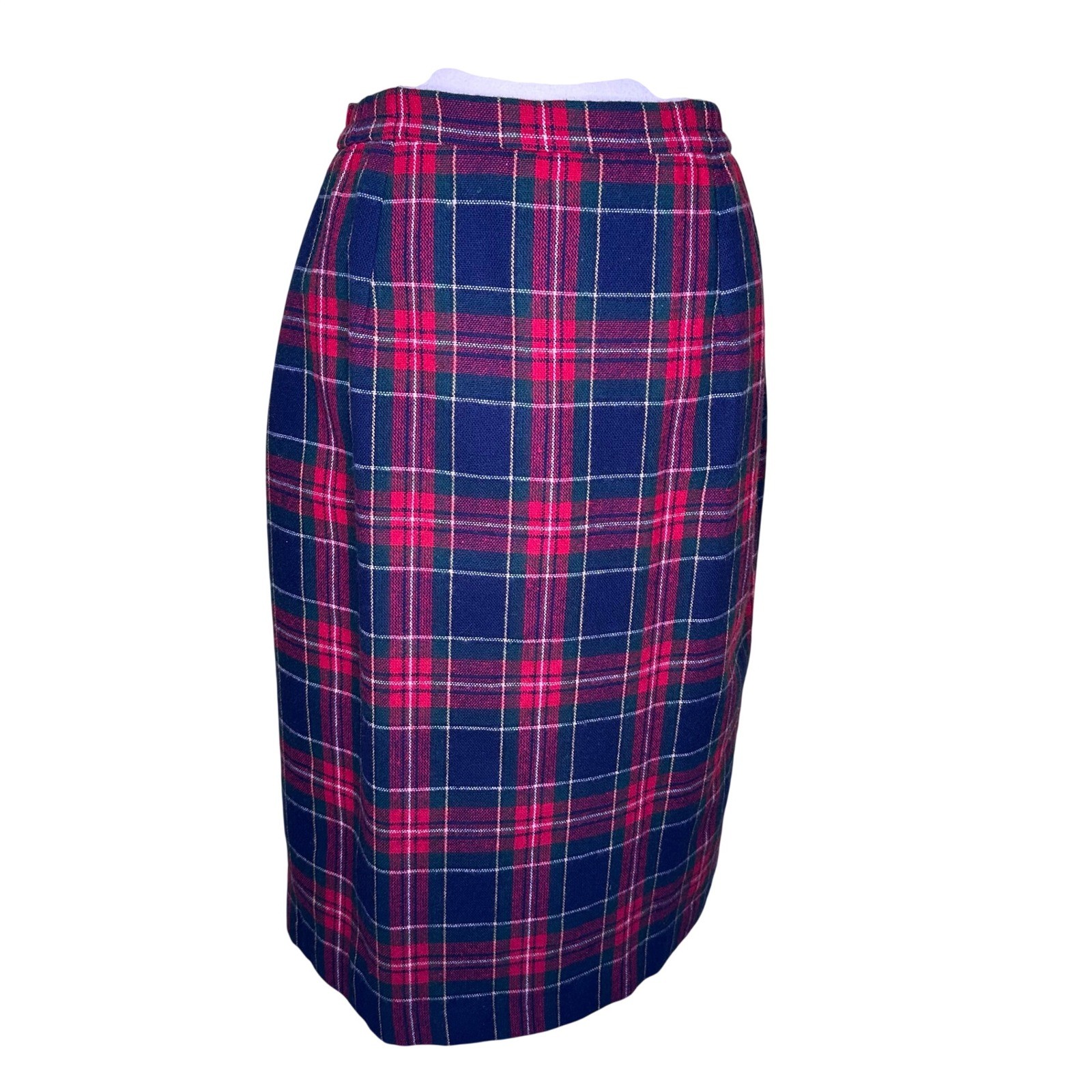 Vintage Tartan Plaid Wool Blend Dark Academia Pencil Skirt Navy Red Green Preppy