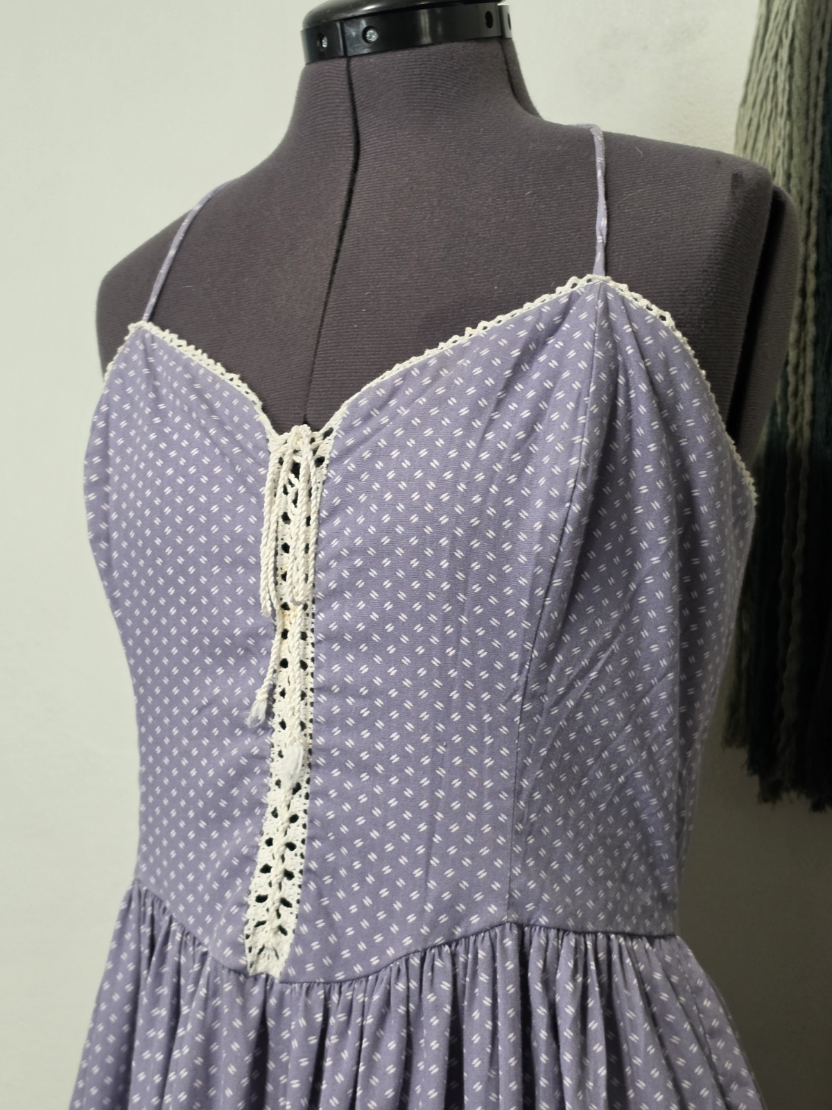 1970s Vintage Prairie Halter Dress Lace Up Chest Midi Blue Lilac Crotchet Trim M