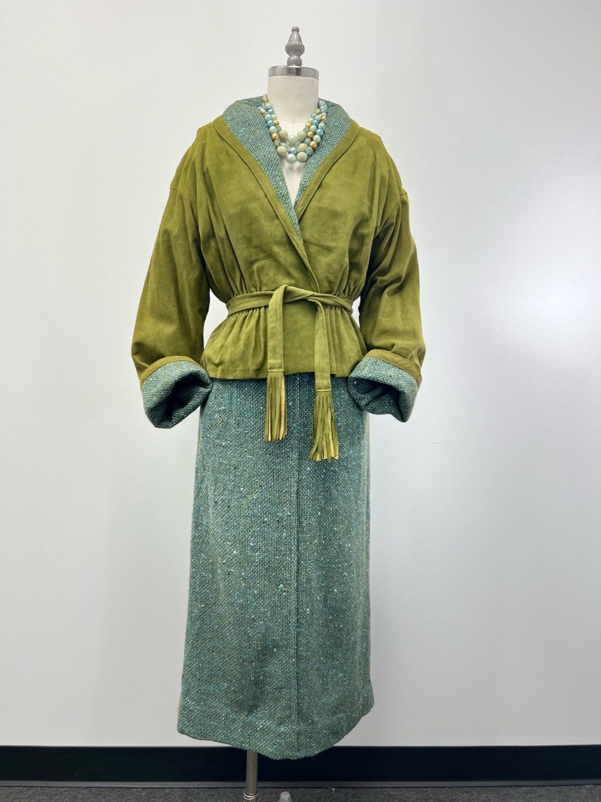 1960s VTG Leathervane Bonnie Cashin Designs 2pc Suit Pea Green Suede & Turq Wool