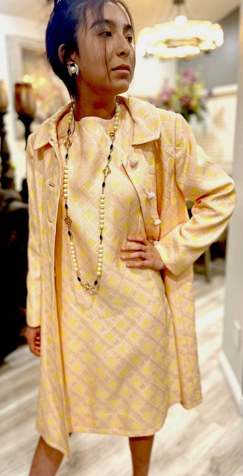 1960’s Pink Yellow Brocade Easter Spring Wedding Union Made Dress Coat Suit Sz 8