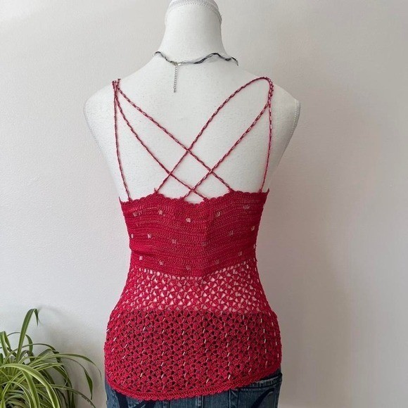 Vintage Festival Crochet Beaded Tank Top Womens Sz S Red fairycore rave