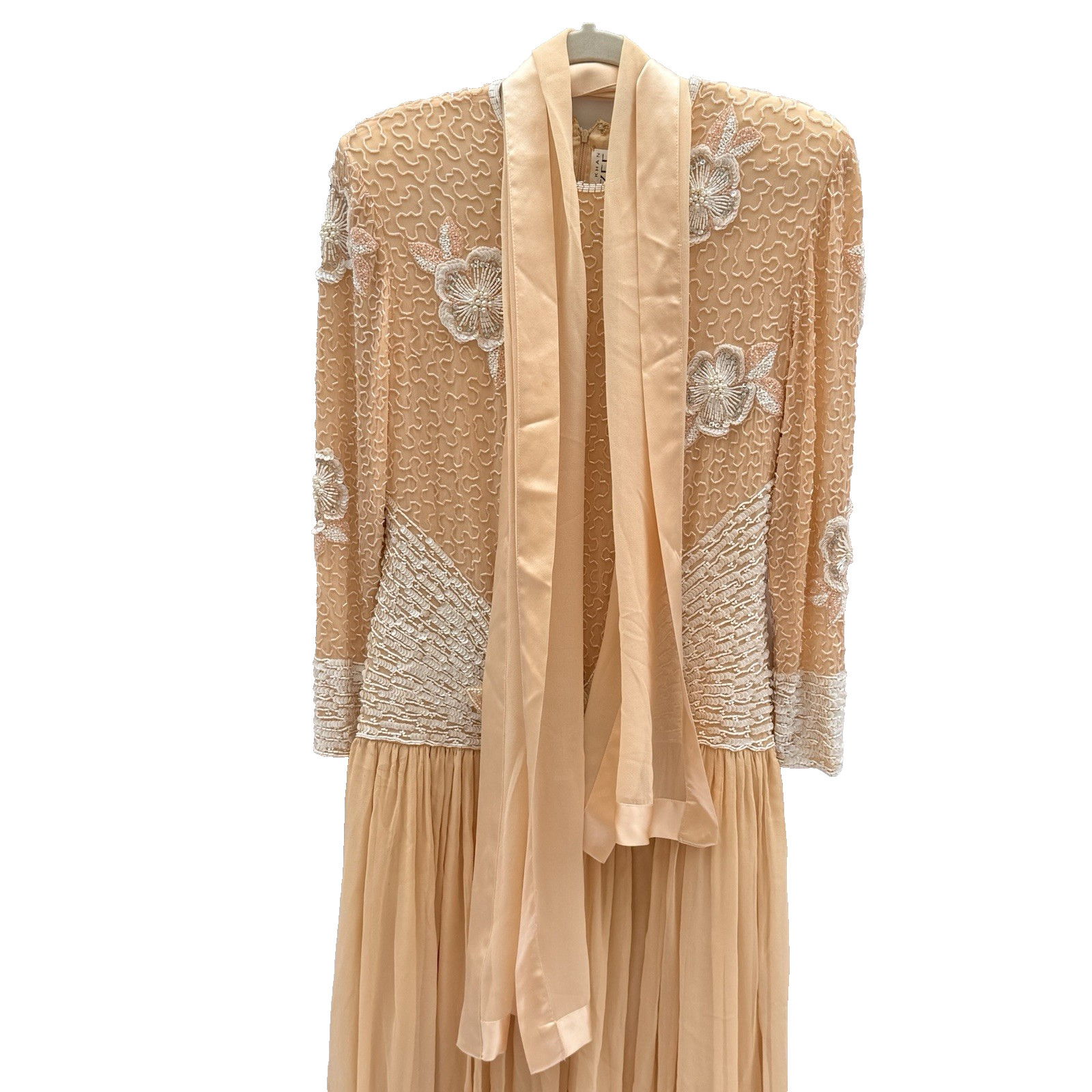 Vtg 80s Naeem Khan Riazee Suzarila Silk Beaded Gown Set Peach Ruffle Dress Scarf