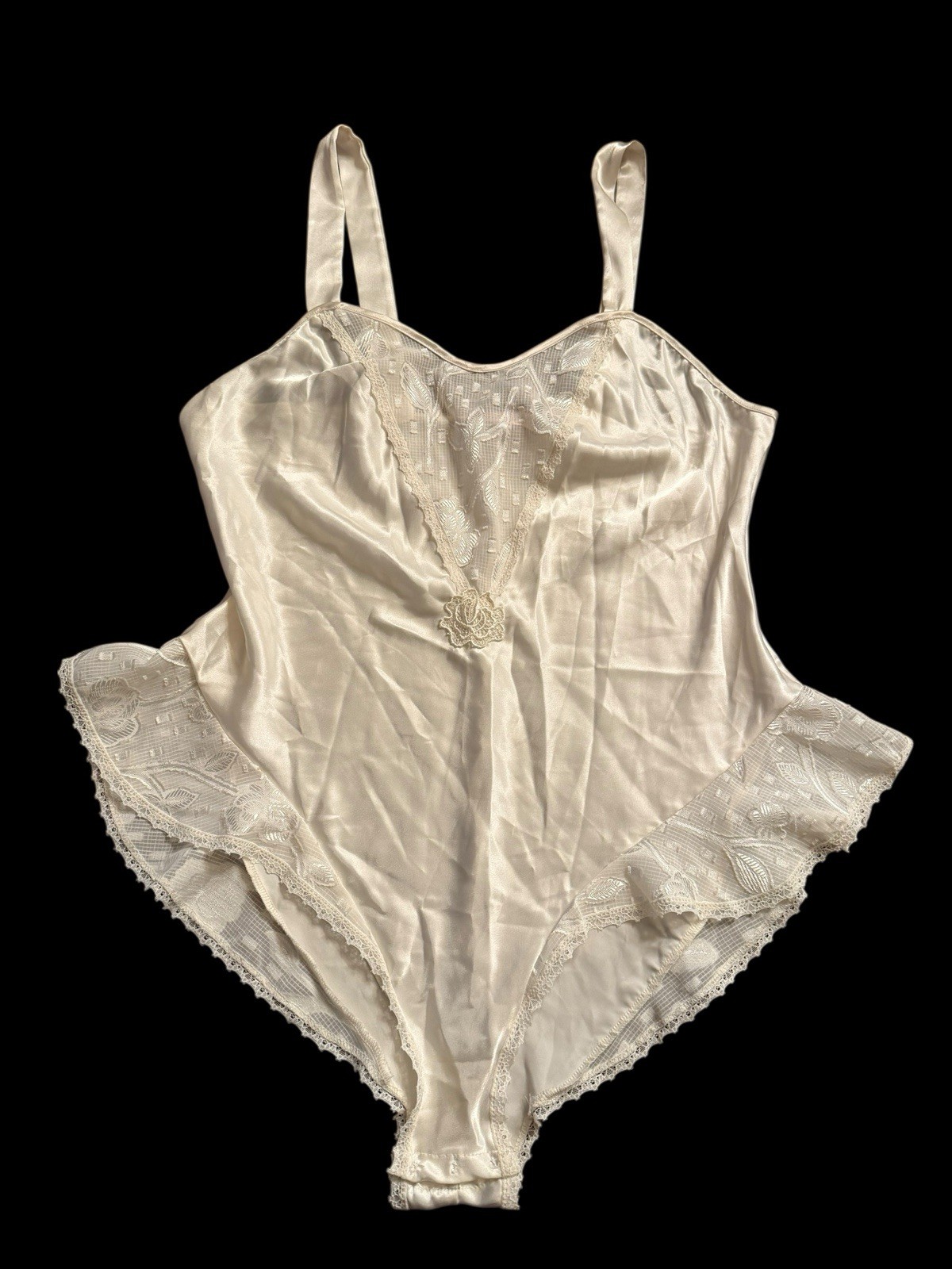 Vintage VANDEMERE Lace Shiny White Satin Body Slip Bodysuit M Flutter Sides