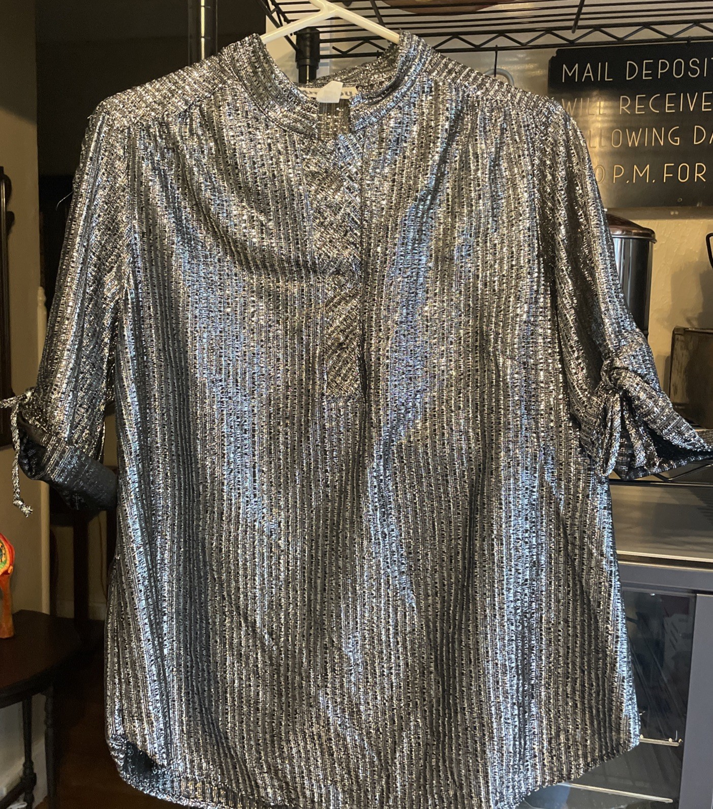 Vintage 70’s Caribou Silver Metallic Blouse Size Large 3/4 Length Sleeve
