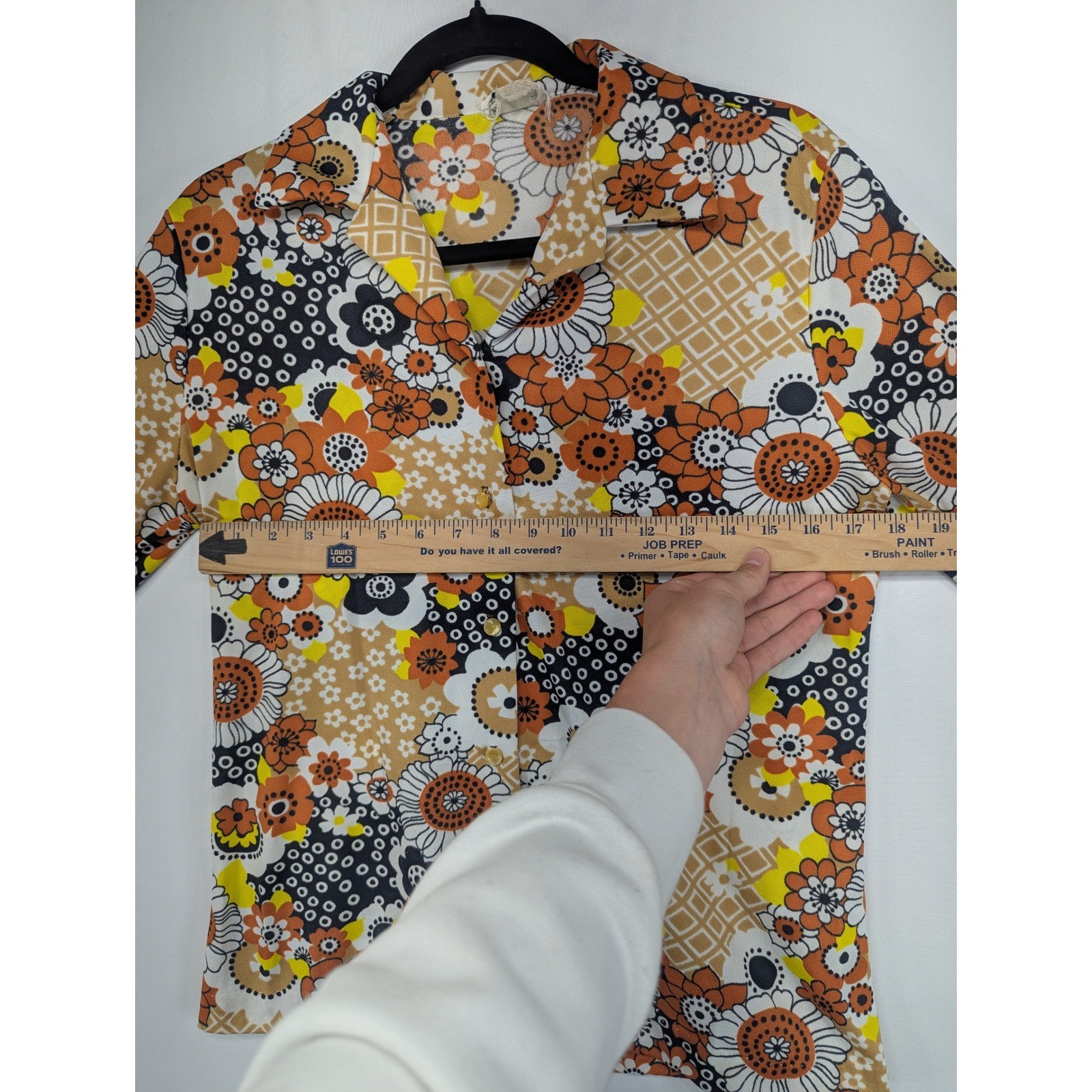 Vintage Lanie J 70s Floral Button Up Blouse Orange Yellow Disco Top