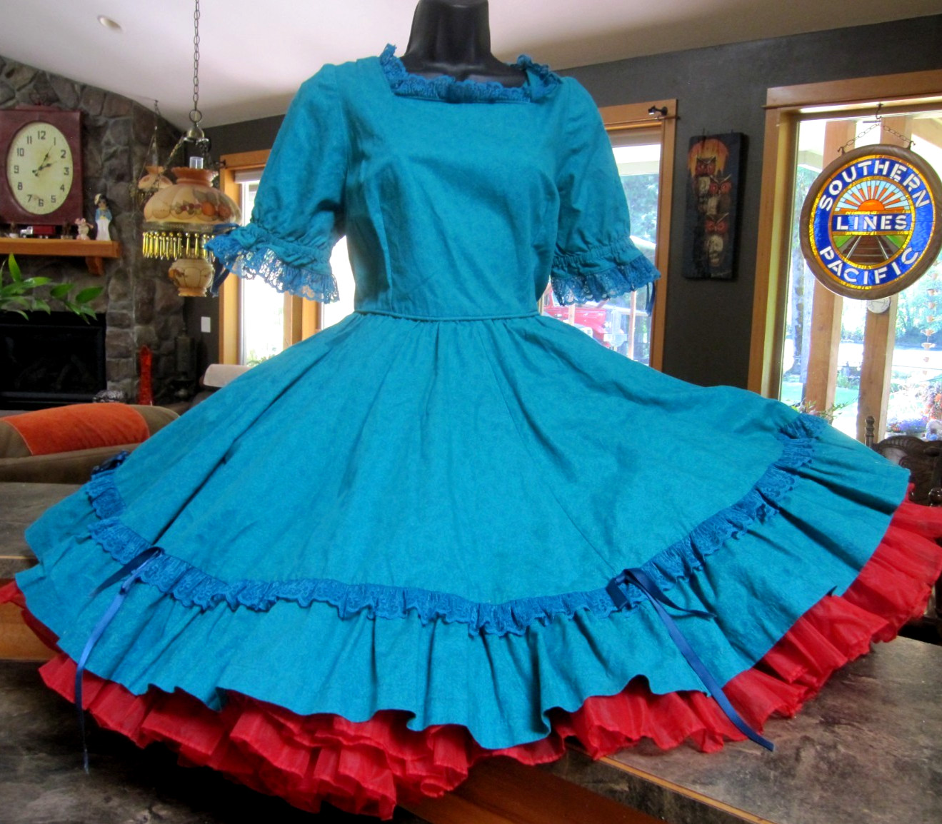 Vtg SQUARE DANCE PRAIRIE DRESS Blue Organza Ruffles Rows of White Lace Sz 12/14