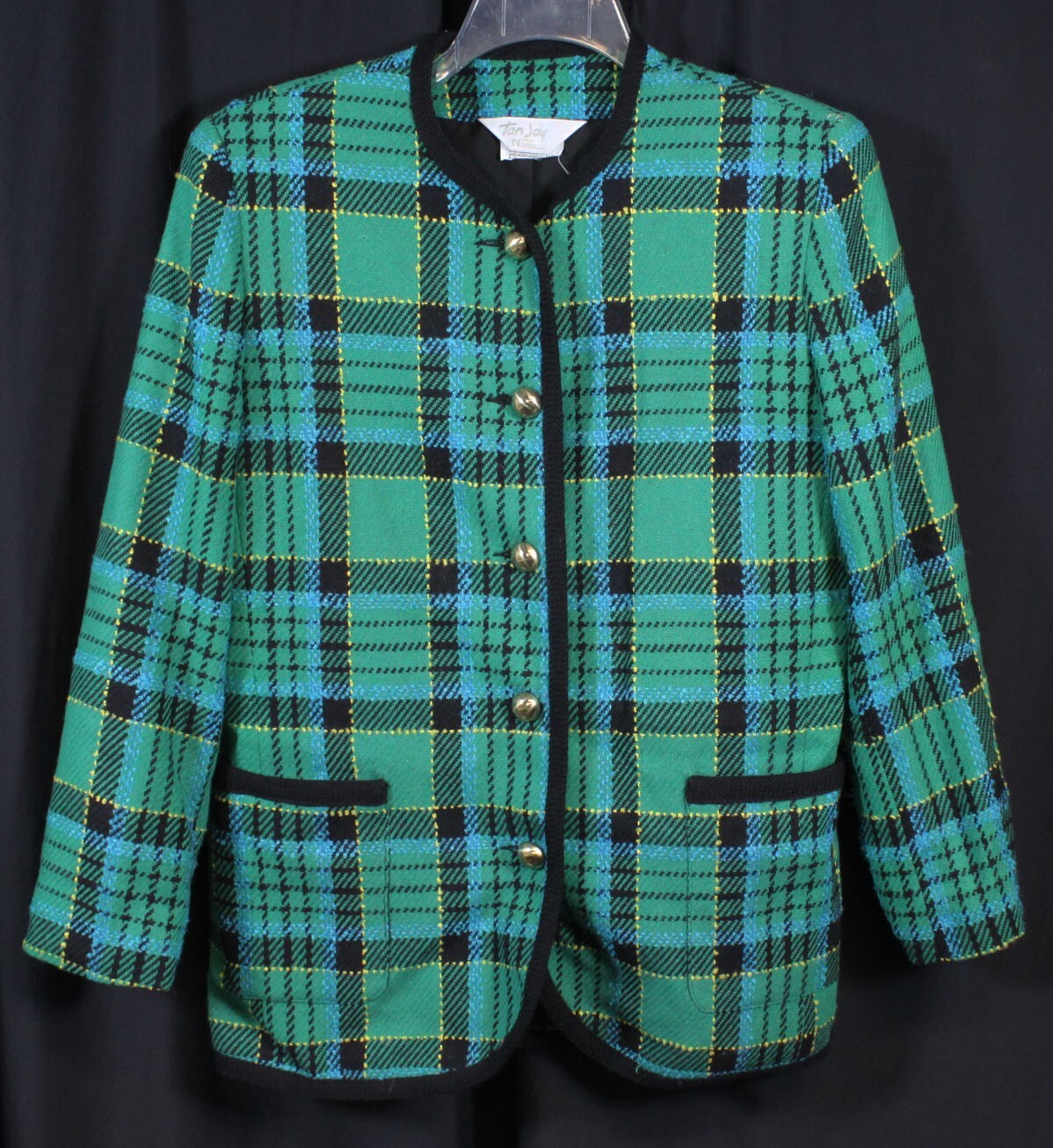 Vtg TanJay Blazer Jacket 1980s Retro Glam Plaid Green Black Pockets Office 10