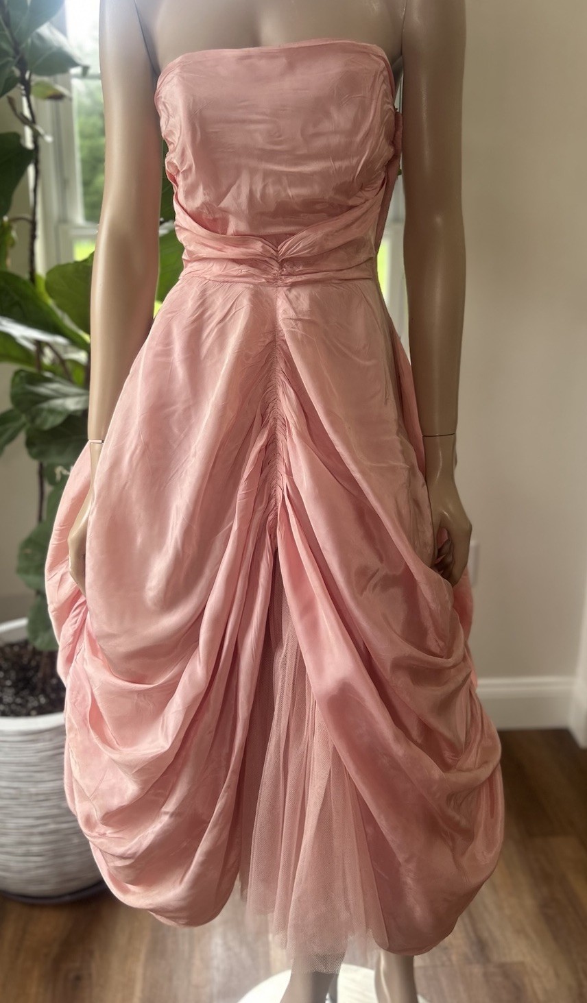 Vintage 1950s Will Steinman Rose Pink Cupcake Satin Silky Prom Gown Dress
