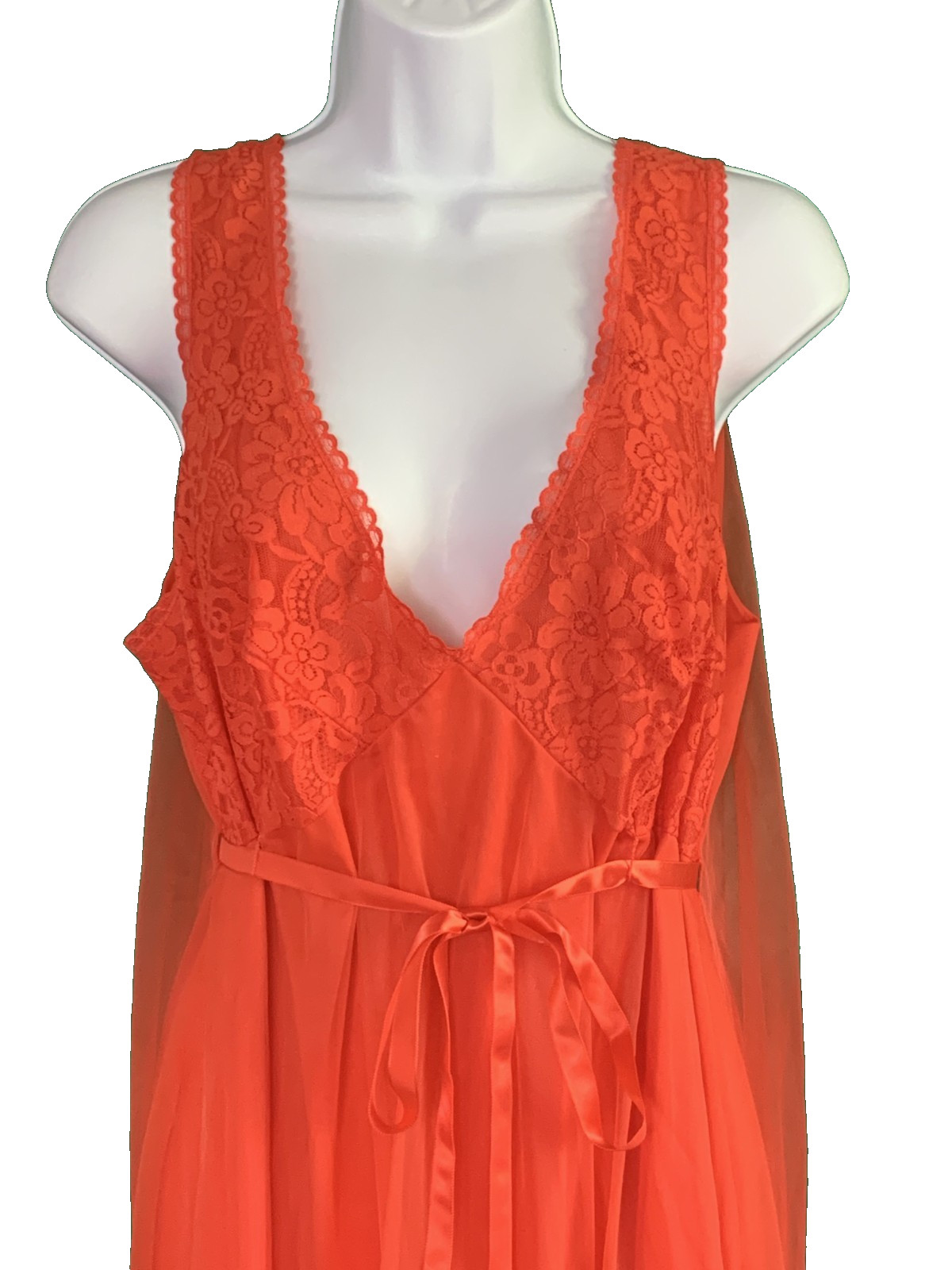 Vtg 60s Chiffon Overlay Persimmon Lace Watteau Train Nightgown Large? CUT TAG
