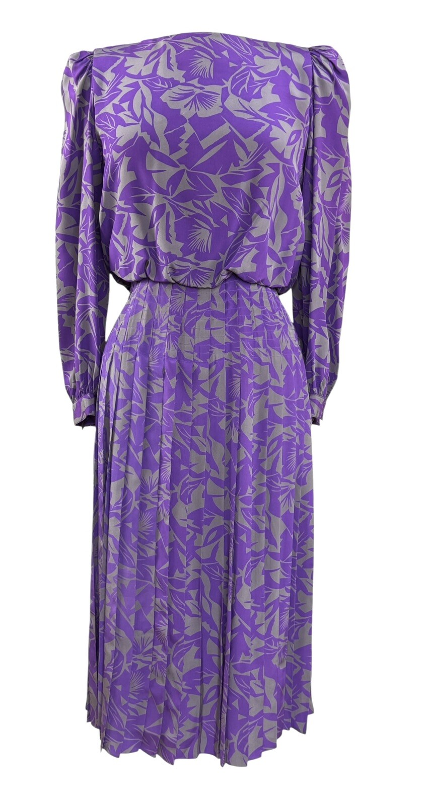 Vtg 80s Raul Blanco 100% Silk Purple & Gray Floral Pleated Dress Size 4
