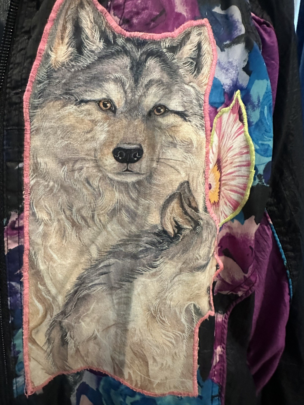 Custom Basic Editions L Windbreaker Jacket Coat Black Floral Purple DIY VTG