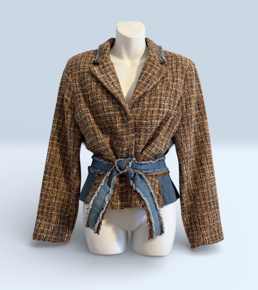 Vintage ALLEN B SCHWARTZ Wool Bl.Tweed Jacket 14 Collared Front Tie Denim Accent