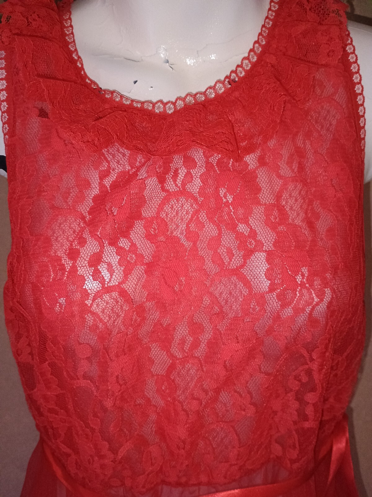 Vintage Spotlight Nightgown Sheer Nylon Chiffon Red Handkerchief Hem Sz S/M