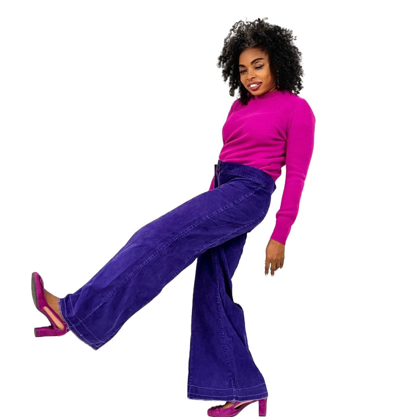 VTG 70s Purple Corduroy Bell Bottom Pants Wide Leg Low Rise Hip Hugger 28×31 XS
