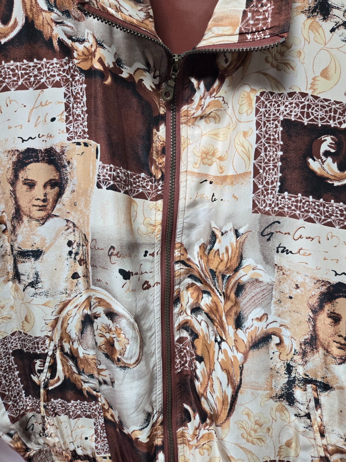 Vtg 1990s Silk Jacket Brown Rococo Baroque Faces Westbound II 1X