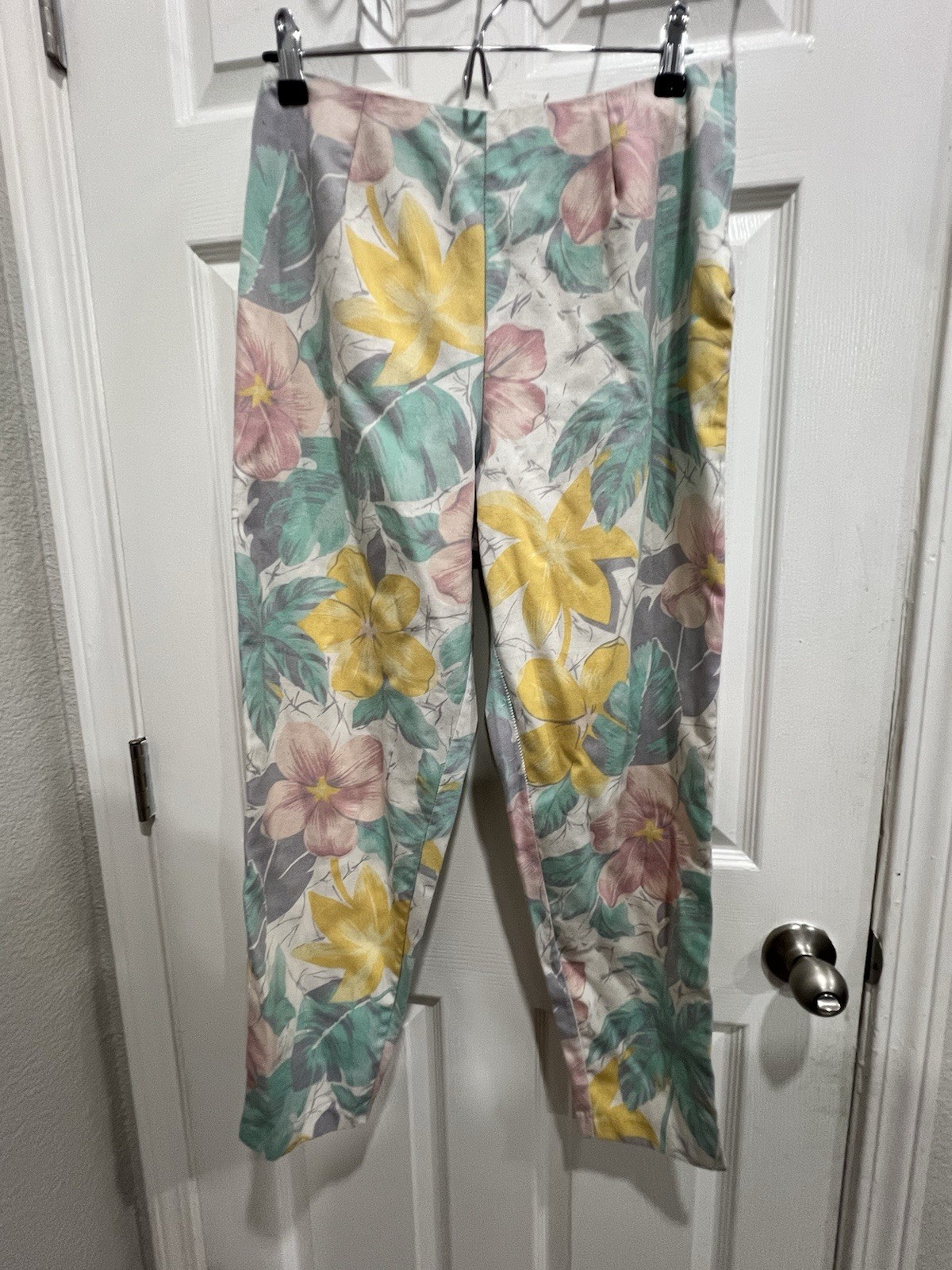Vintage 80s Floral Rayon Pants Pastel Tropical High Waist USA Boho