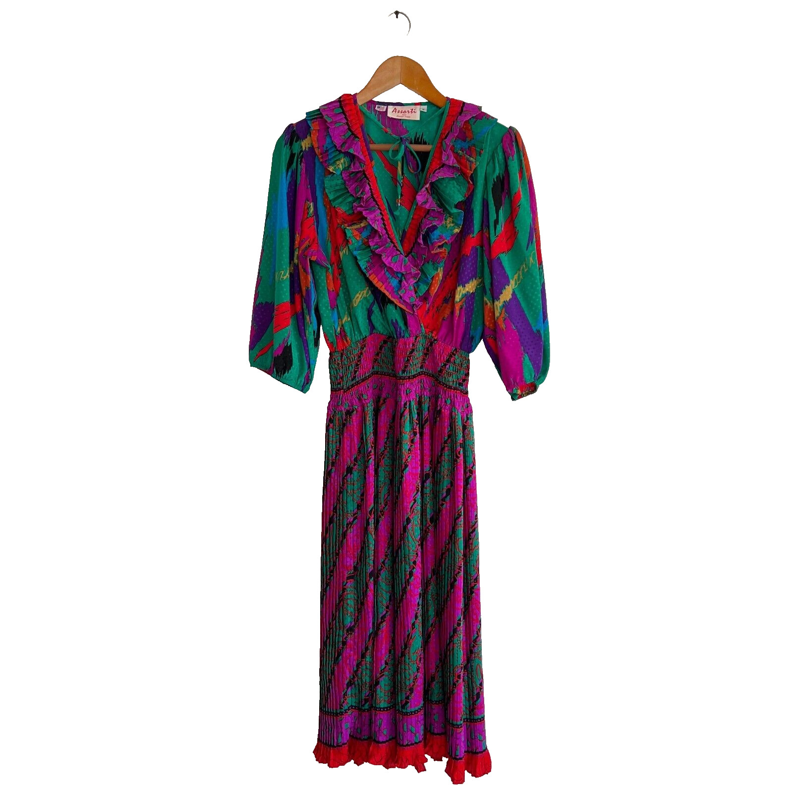 Vintage Assorti for Susan Freis Dress Womens Small Pink Red Green Pleated Ruffle