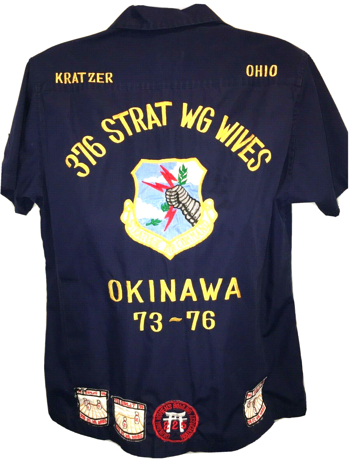 Vintage Women’s Bowling Shirt 70s Okinawa 376 Strat Air Force Wives Vietnam ERA