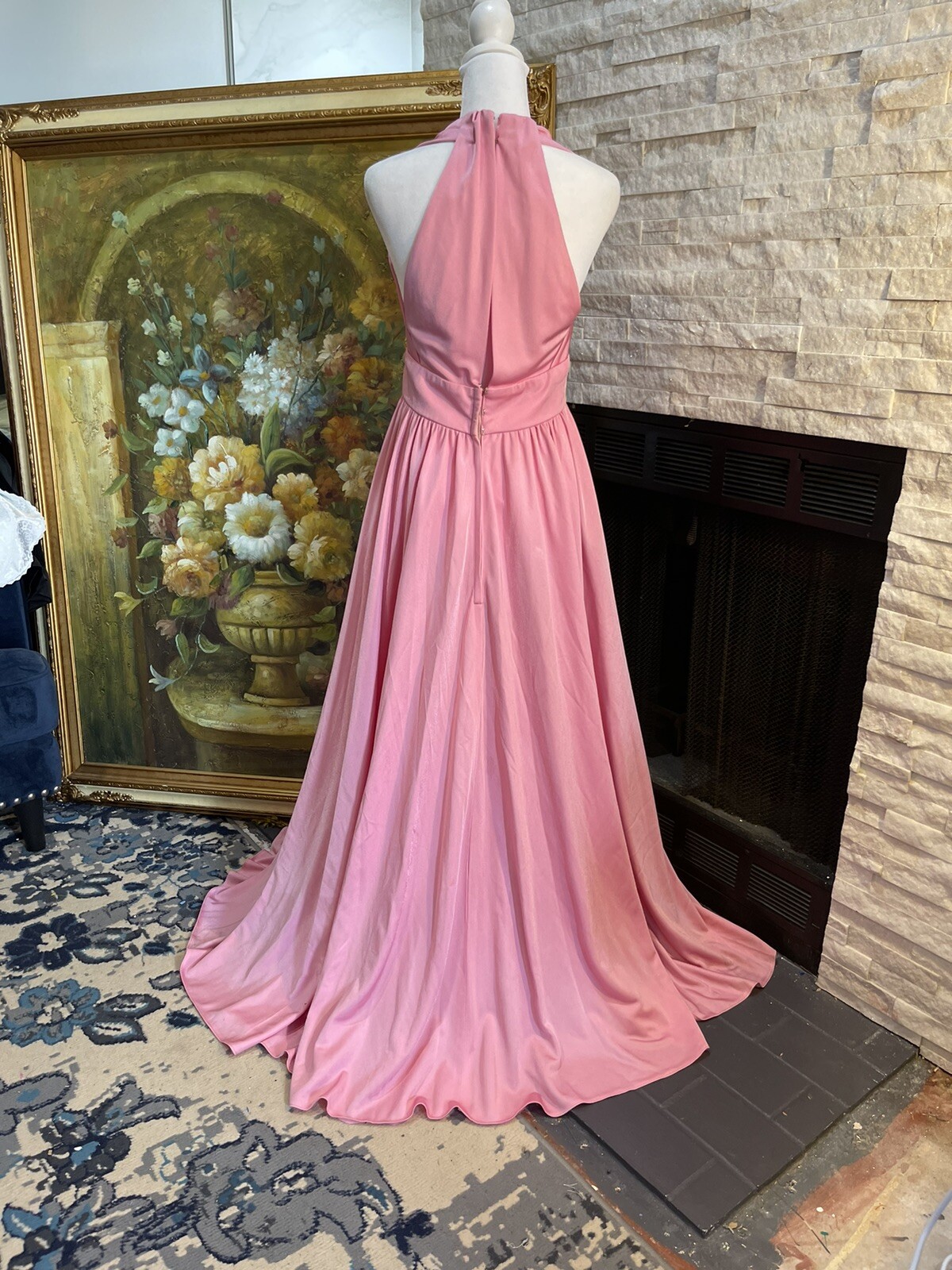 VTG 1970s PINK Ball Gown Liquid Silk Party Halter Gala Formal Size Small