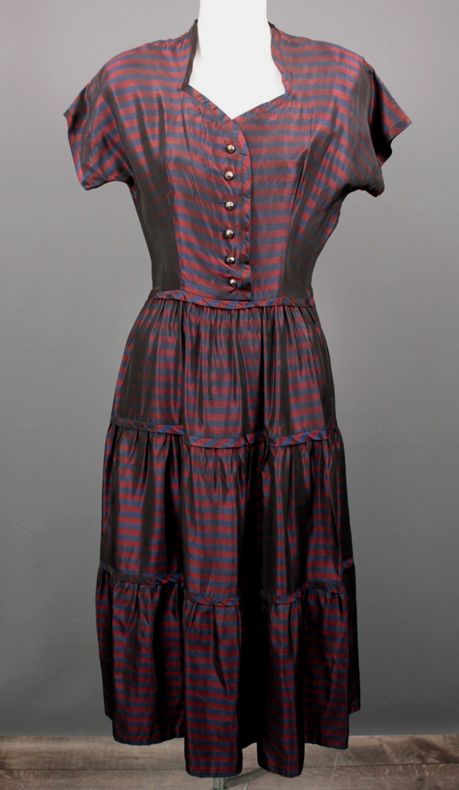 VTG Women’s 40s 50s Maroon & Navy Striped Taffeta Cocktail / Formal Dress XXS/XS