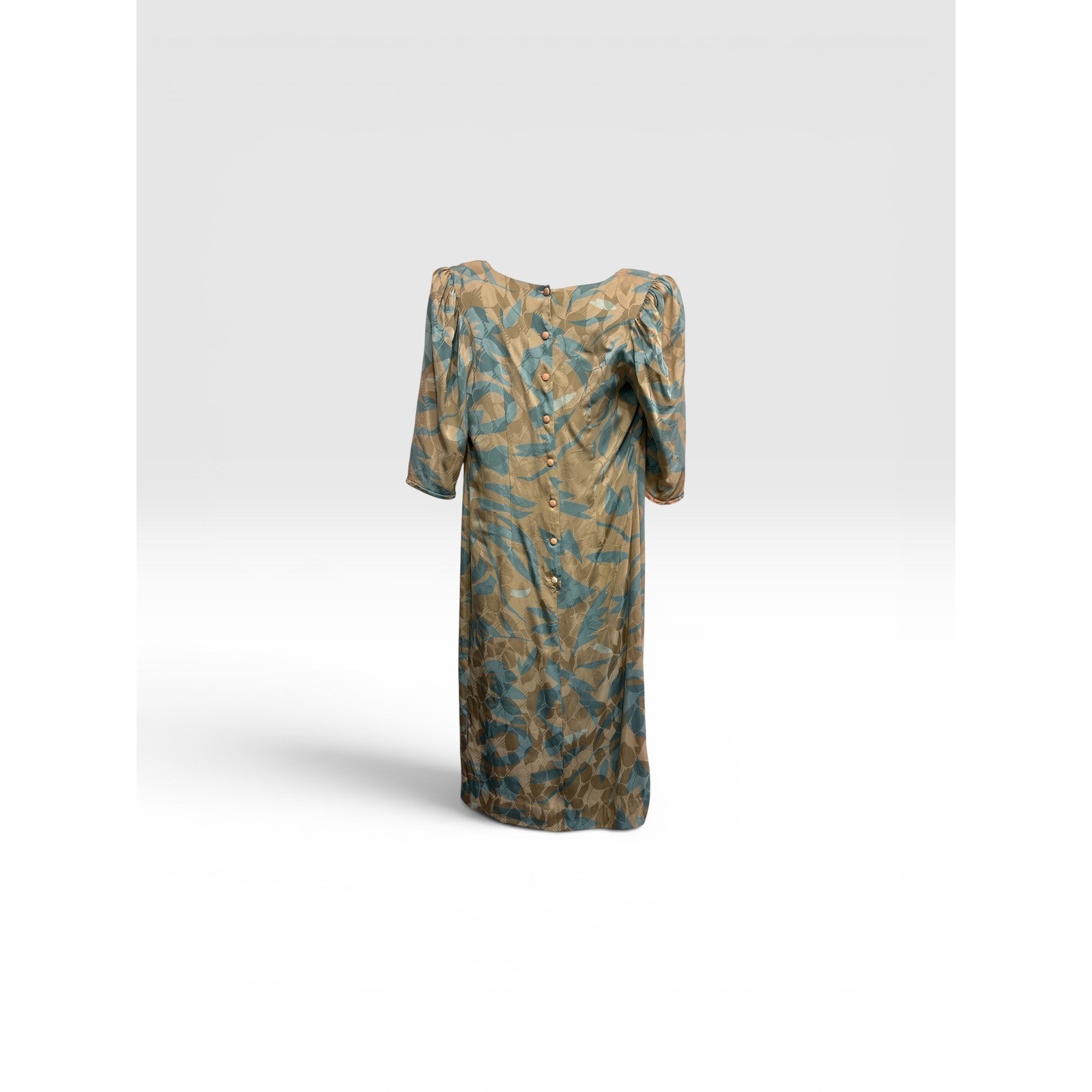 Disegni by Perez Vintage 100% Silk Abstract Leaf Button Back Midi Dress Tan 4