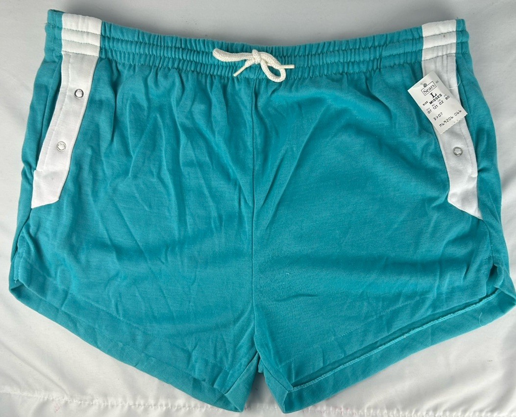NWT Vintage Sears Turquoise White Track Shorts Womens L Pull On Gym Athletic