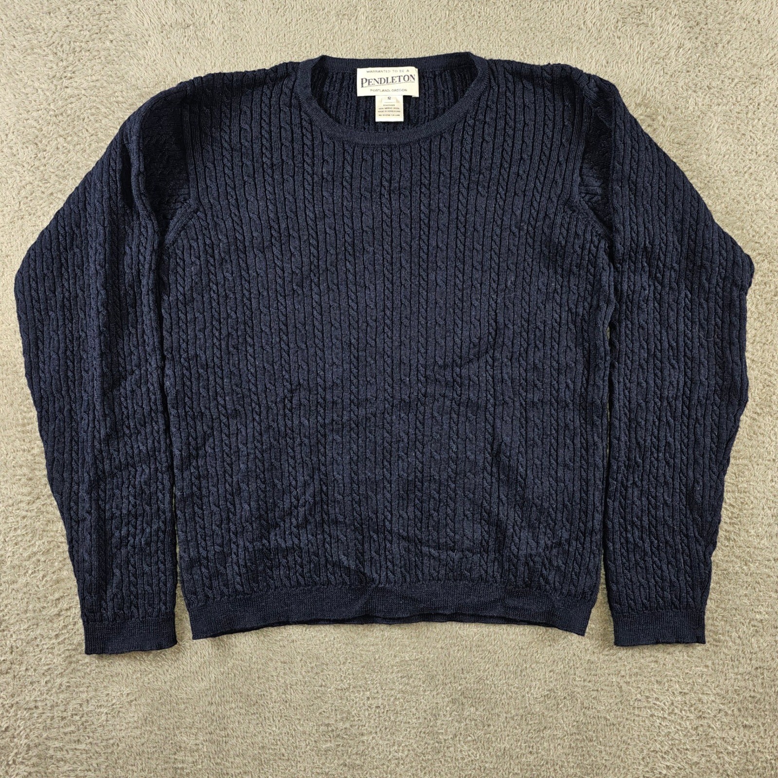 Pendleton Navy Blue 100% Merino Wool Cable Knit Crewneck Sweater Small Vintage