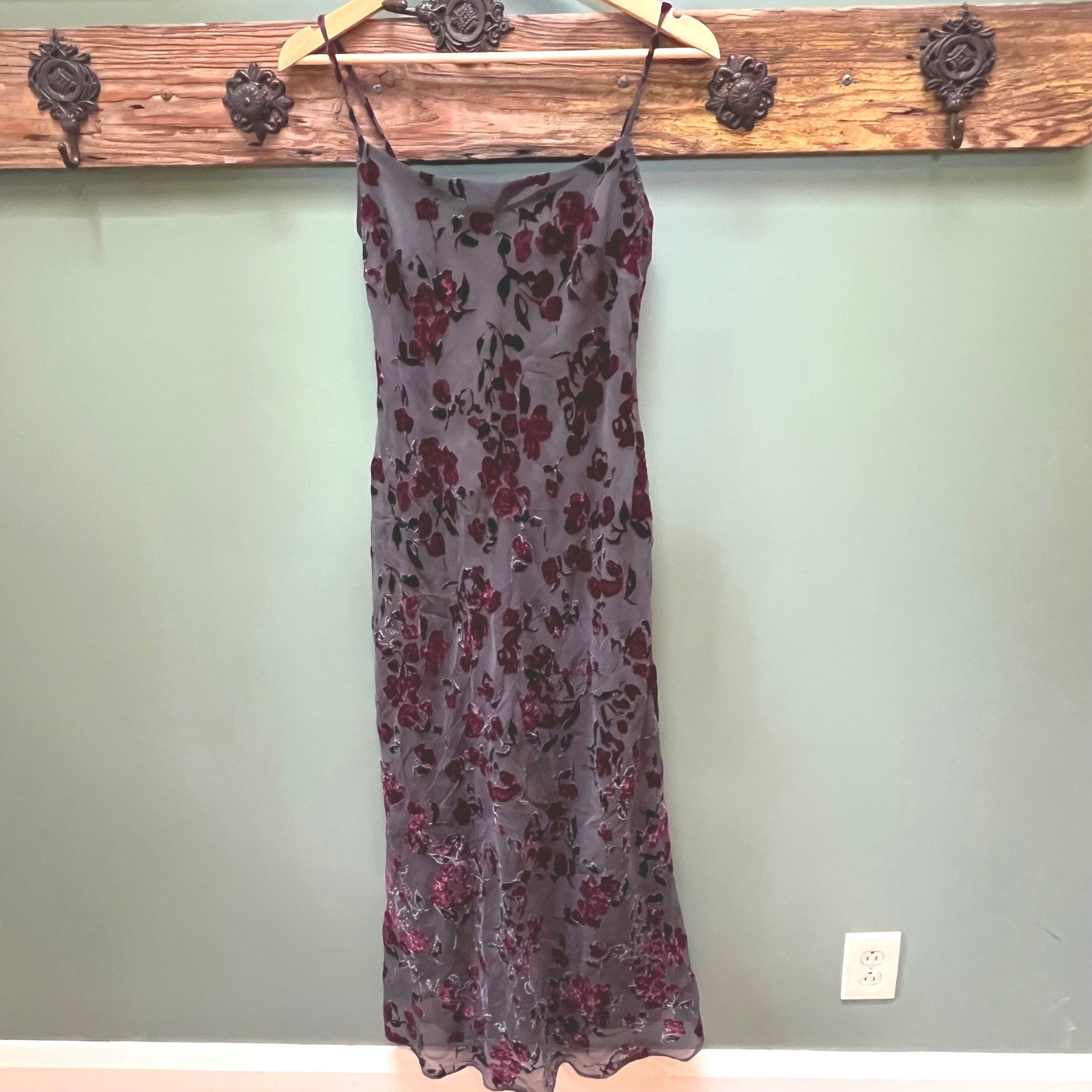 Ann Taylor Vintage 90s Burnout Velvet Floral Maxi Dress Burgundy Black Size 4