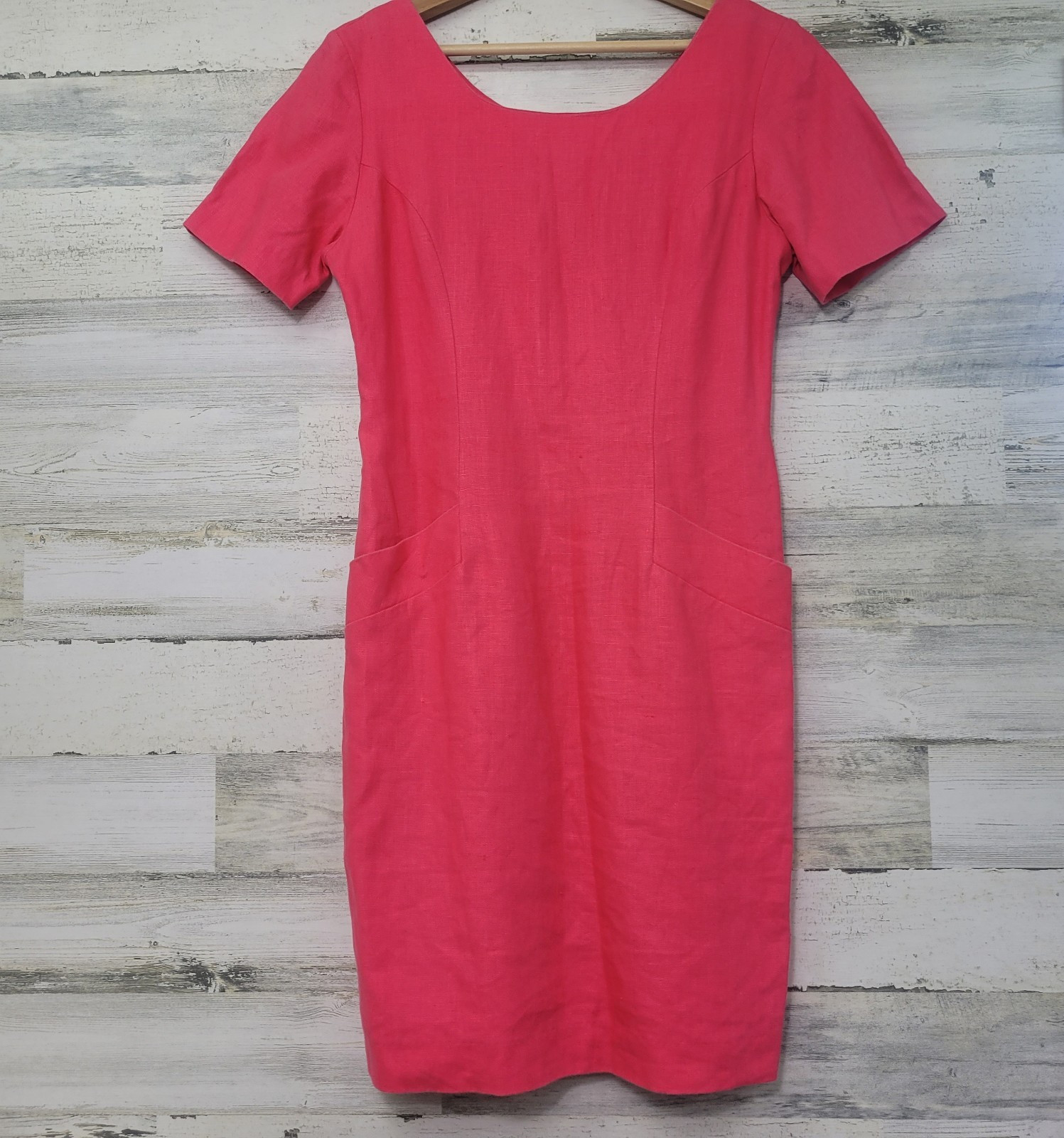 Vintage 90s Ellen Ashley Pink Linen Sheath Dress Pockets Lined Size 4