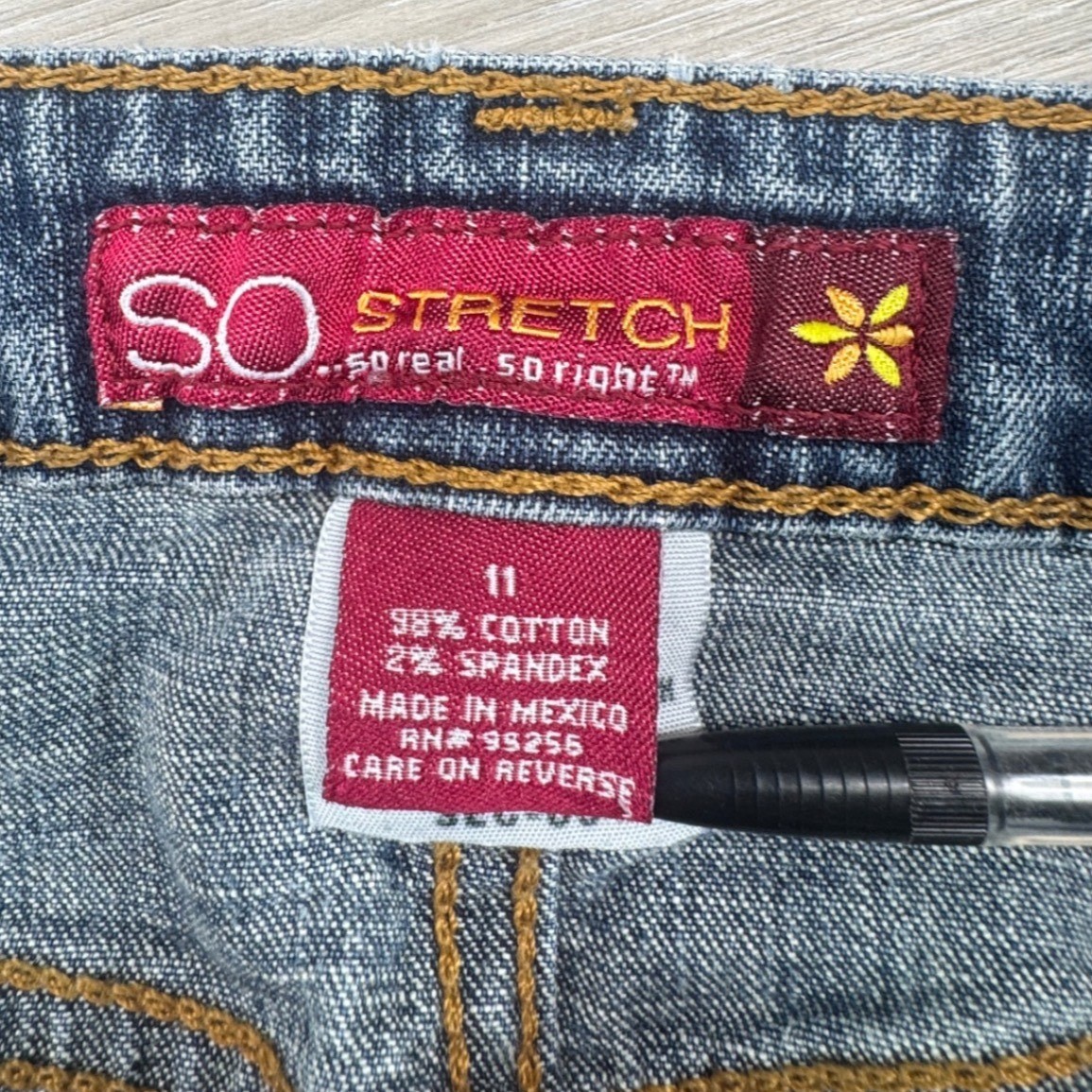 2000s Y2K SO Flare Jeans Low Rise Embroidered Pockets Size 11 pants are hemmed