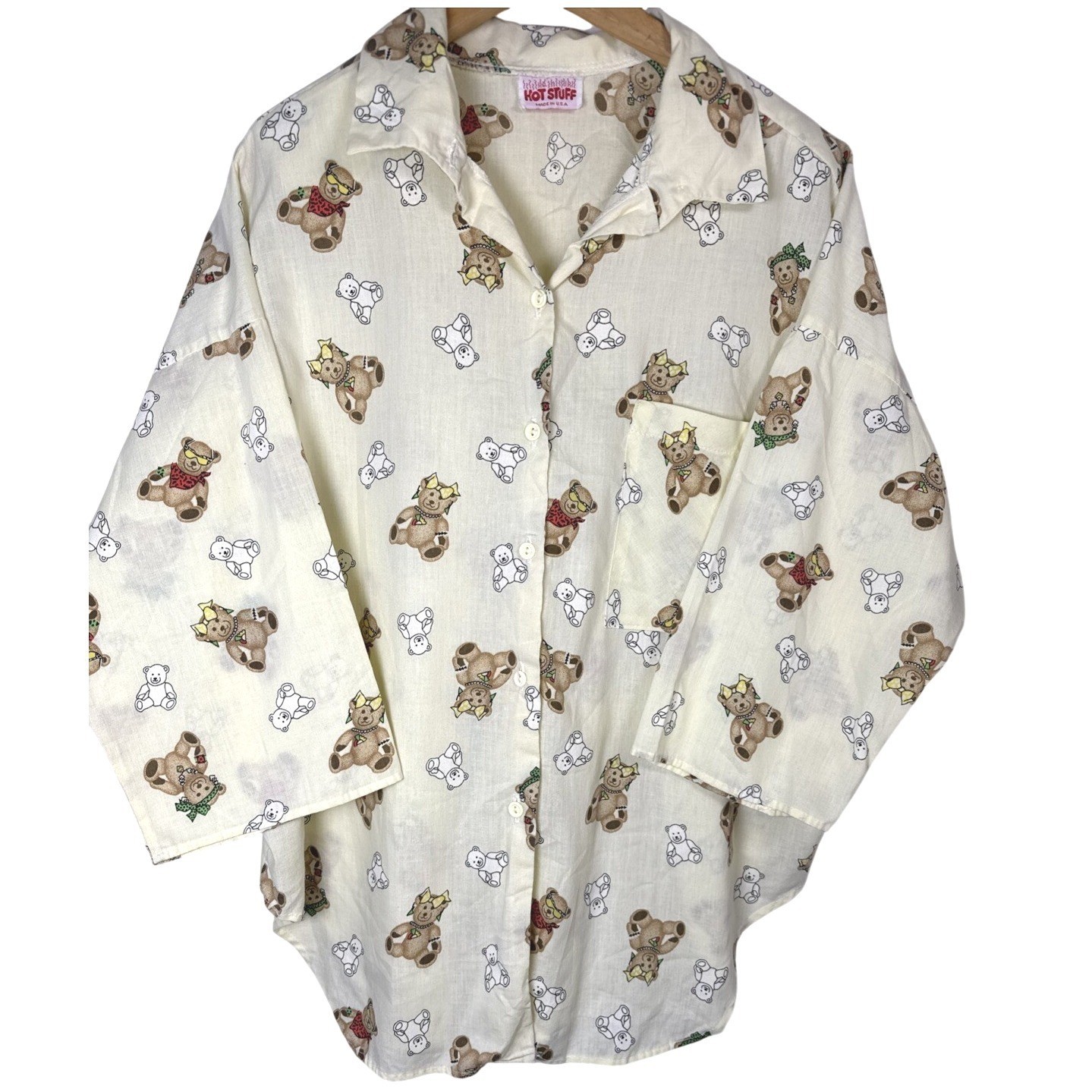 Vintage Hot Stuff Teddy Bear Print Button Up Shirt Cream Oversized Made in USA