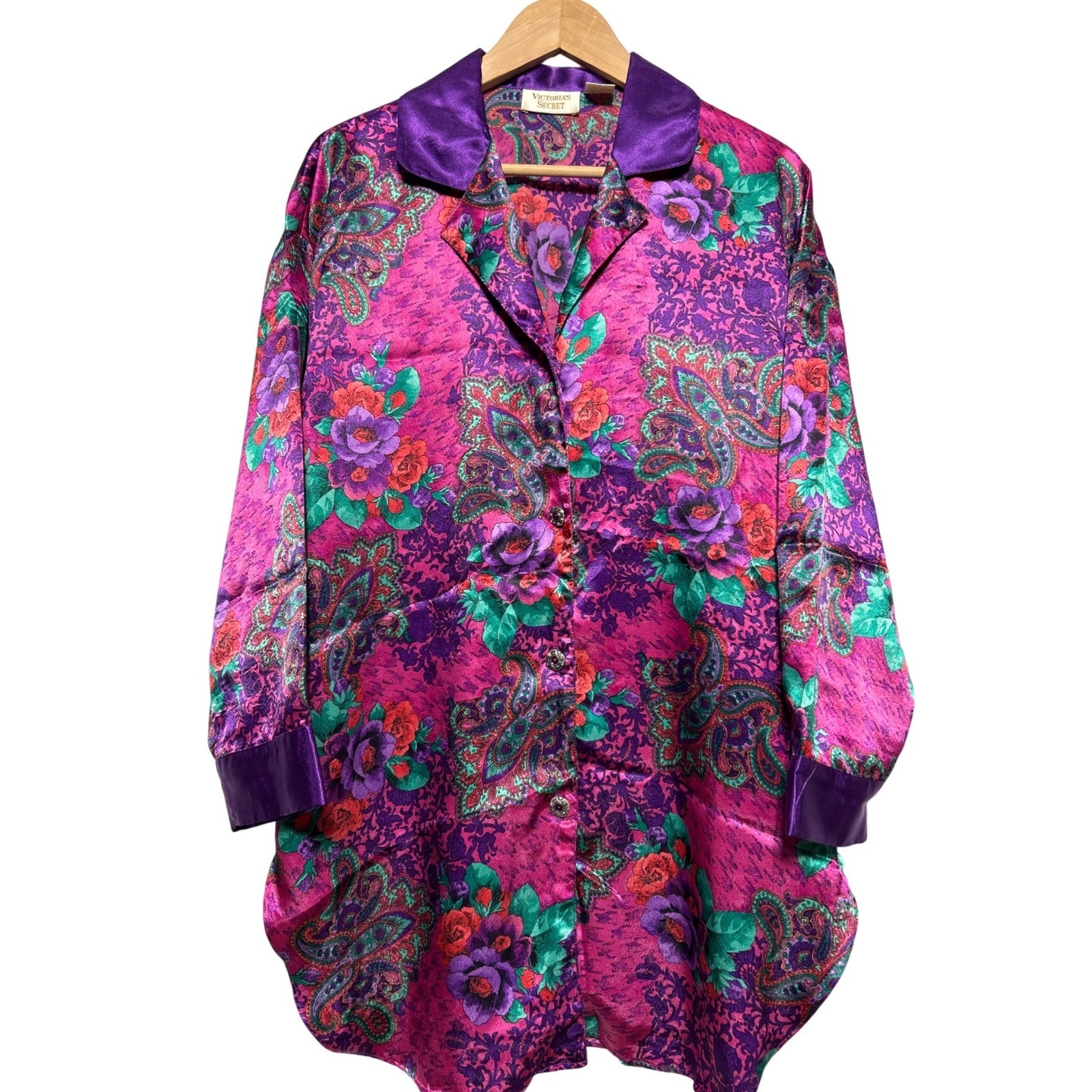 VTG Victorias Secret Gold Label Paisley Floral Satin Sleep Shirt Magenta P/S EUC