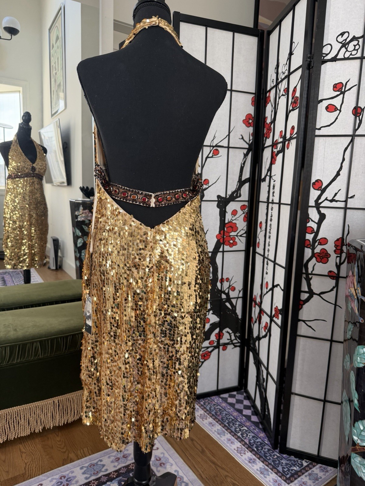 Gold Sequin Halter Dress – Open Back with Jeweled Waist