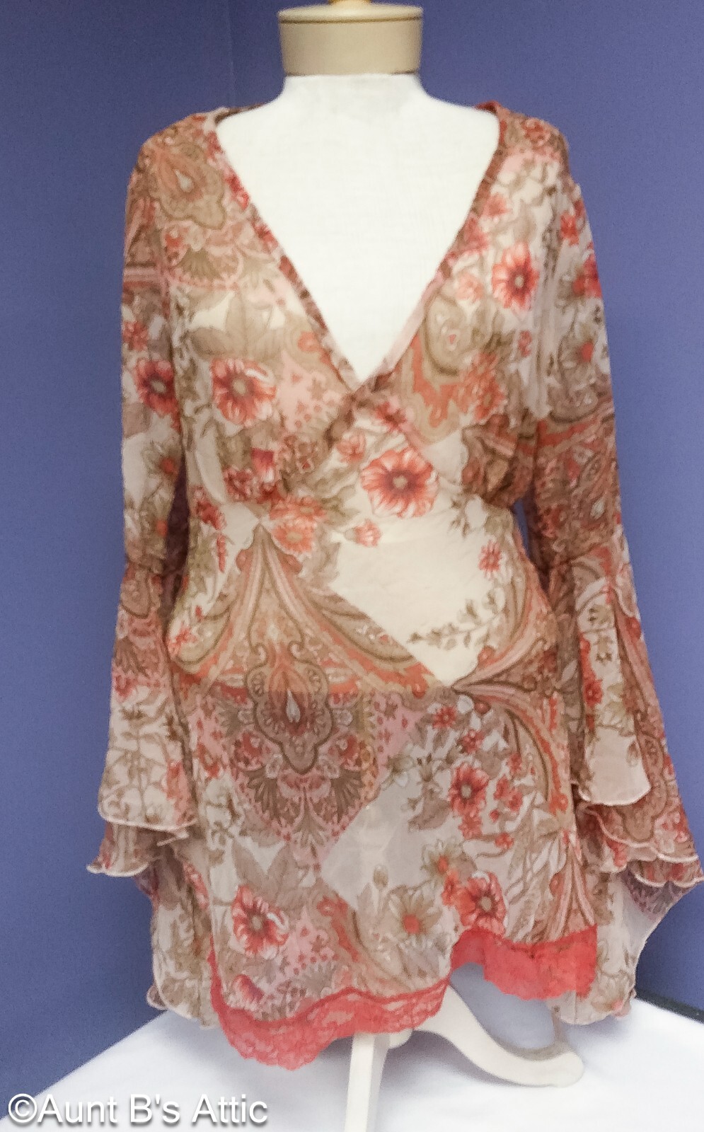 Summer Boho Style Ladies Rave Or/Br Sheer Floral Lace Trim Plus Size Top Xl/2X