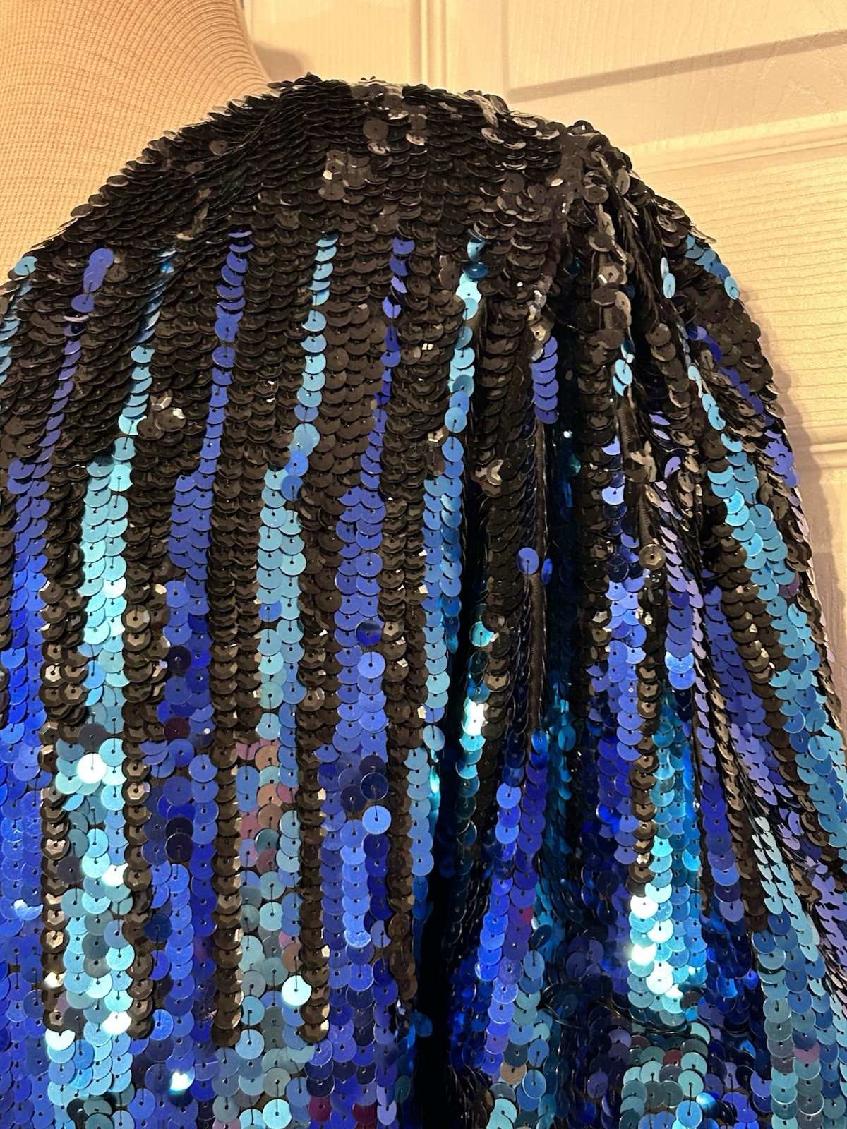 Vtg Multicolor Blue Sequin Open Jacket Shiny Disco Glam Rock Statement Formal