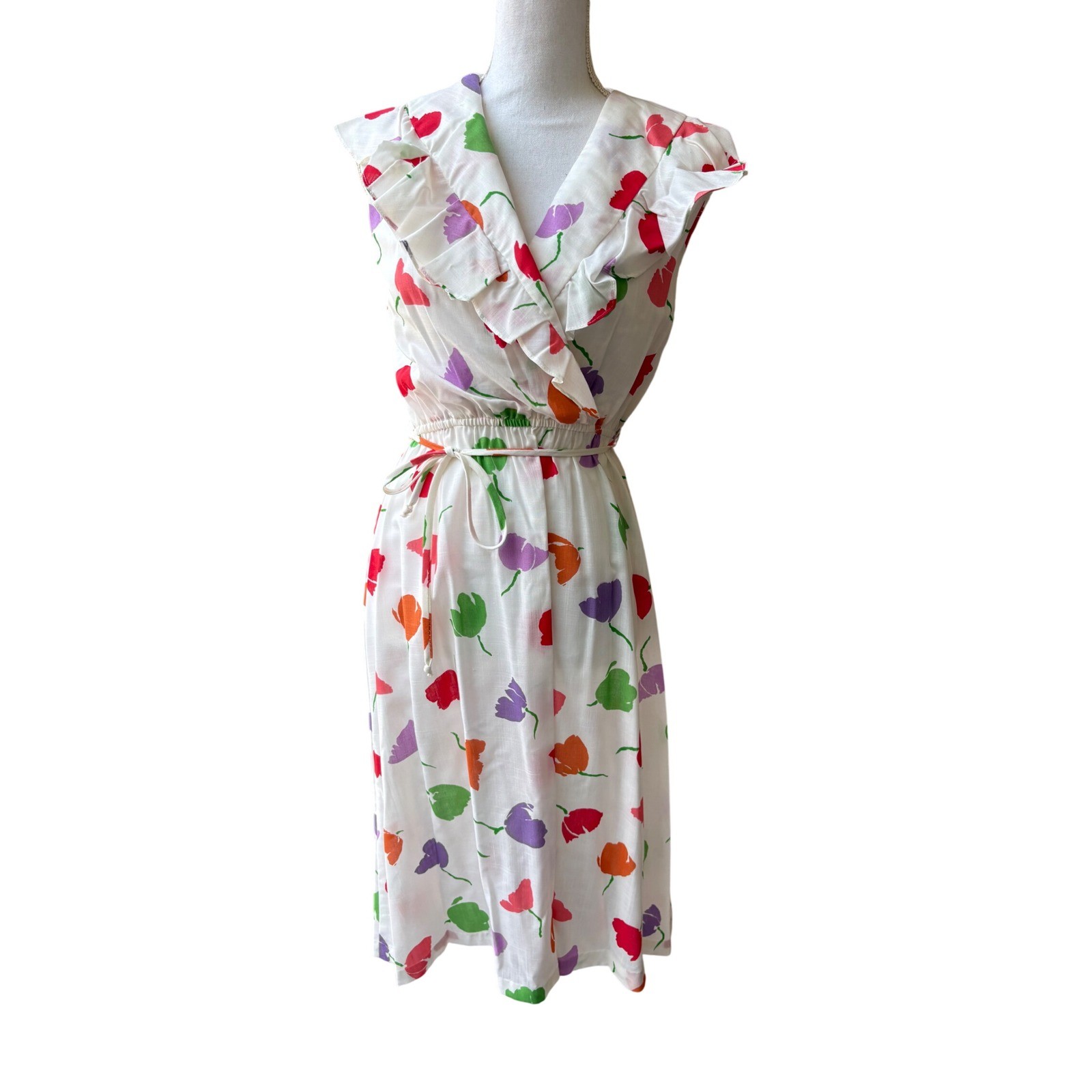 Vintage 70s Tulip Print Ruffle Wrap Midi Dress Romantic Cottagecore Size 9