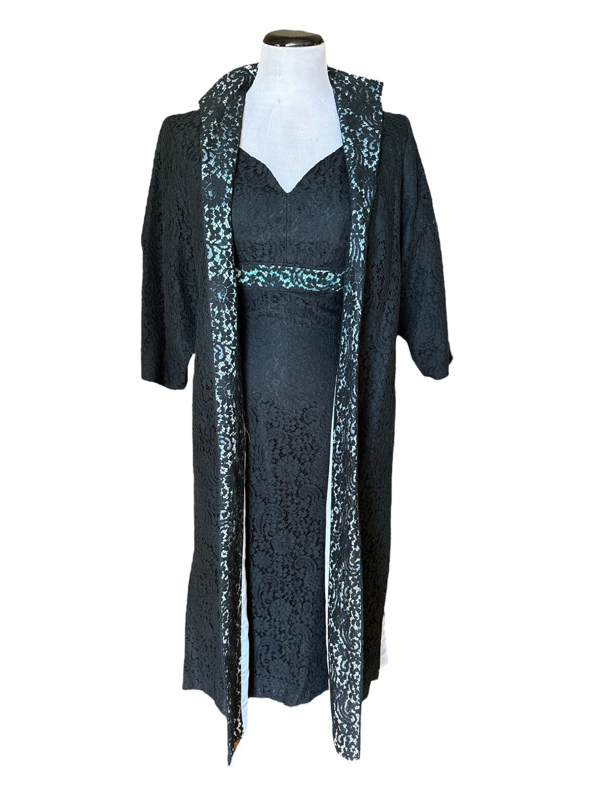 Vtg 50/60’s Two Piece Black Robins Egg Blue Lace Dress Long Coat Sz 4/6 (?) 28”