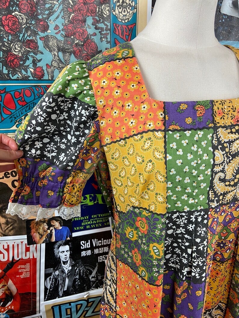 Vtg 70s Colorful Patchwork Print Puff Sleeve Maxi Boho Hippie Dress S/M Retro