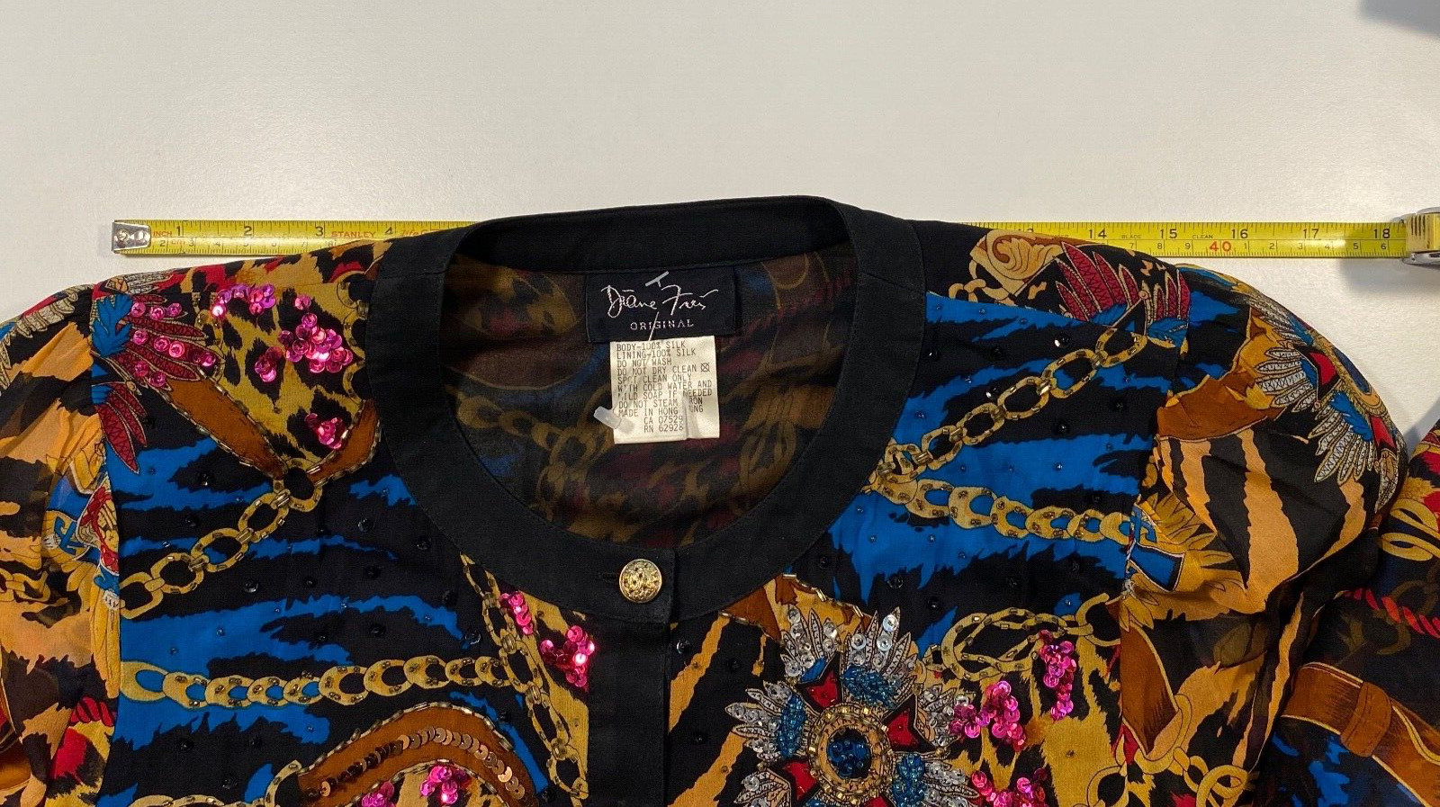 Vintage Diane Freis Women Blouse M/L Silk Bead Sequin Retro Chic Glam Festive