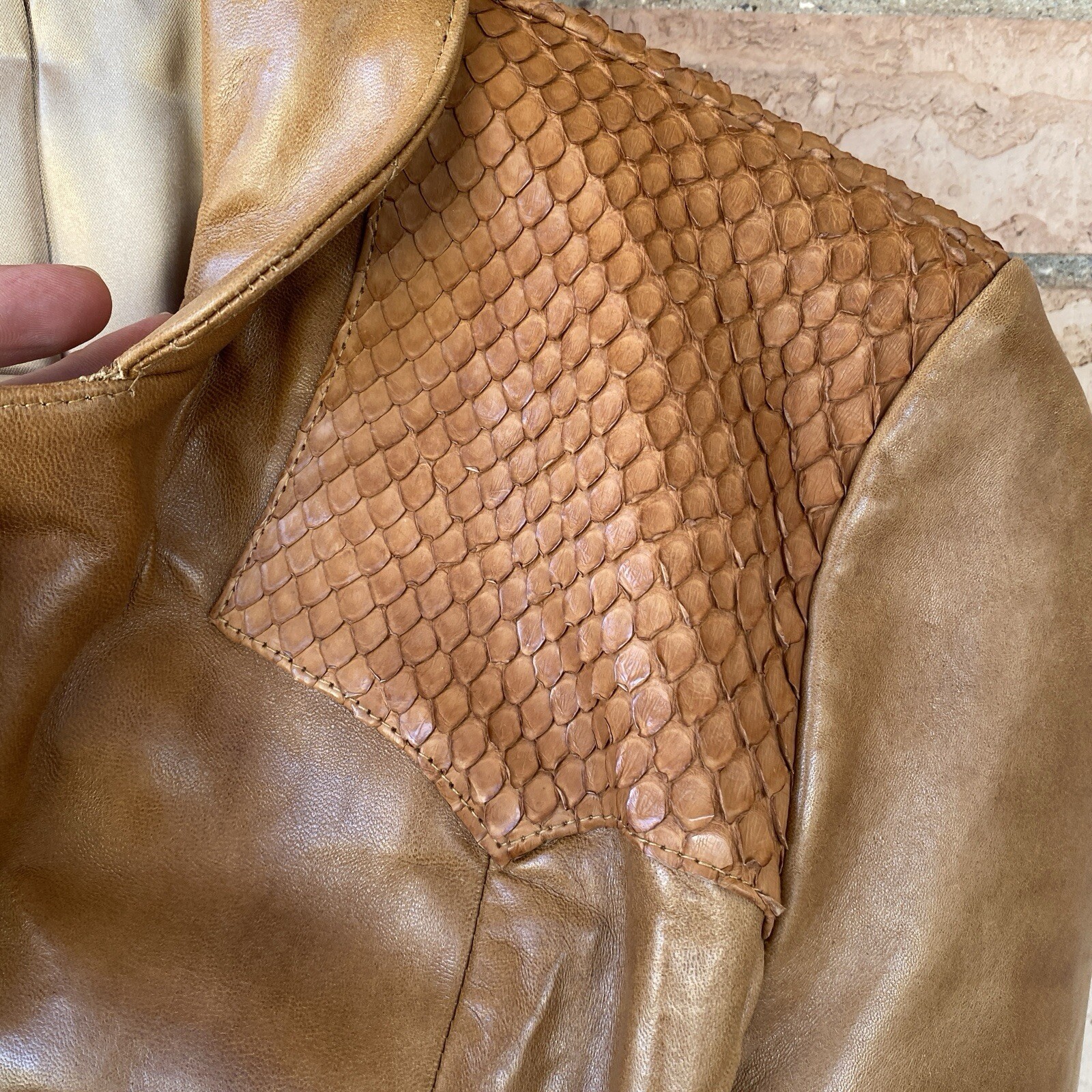 Lady Scully Tan Leather Lizard? Yoke Blazer Jacket size 8 Western 70s Cowhide?