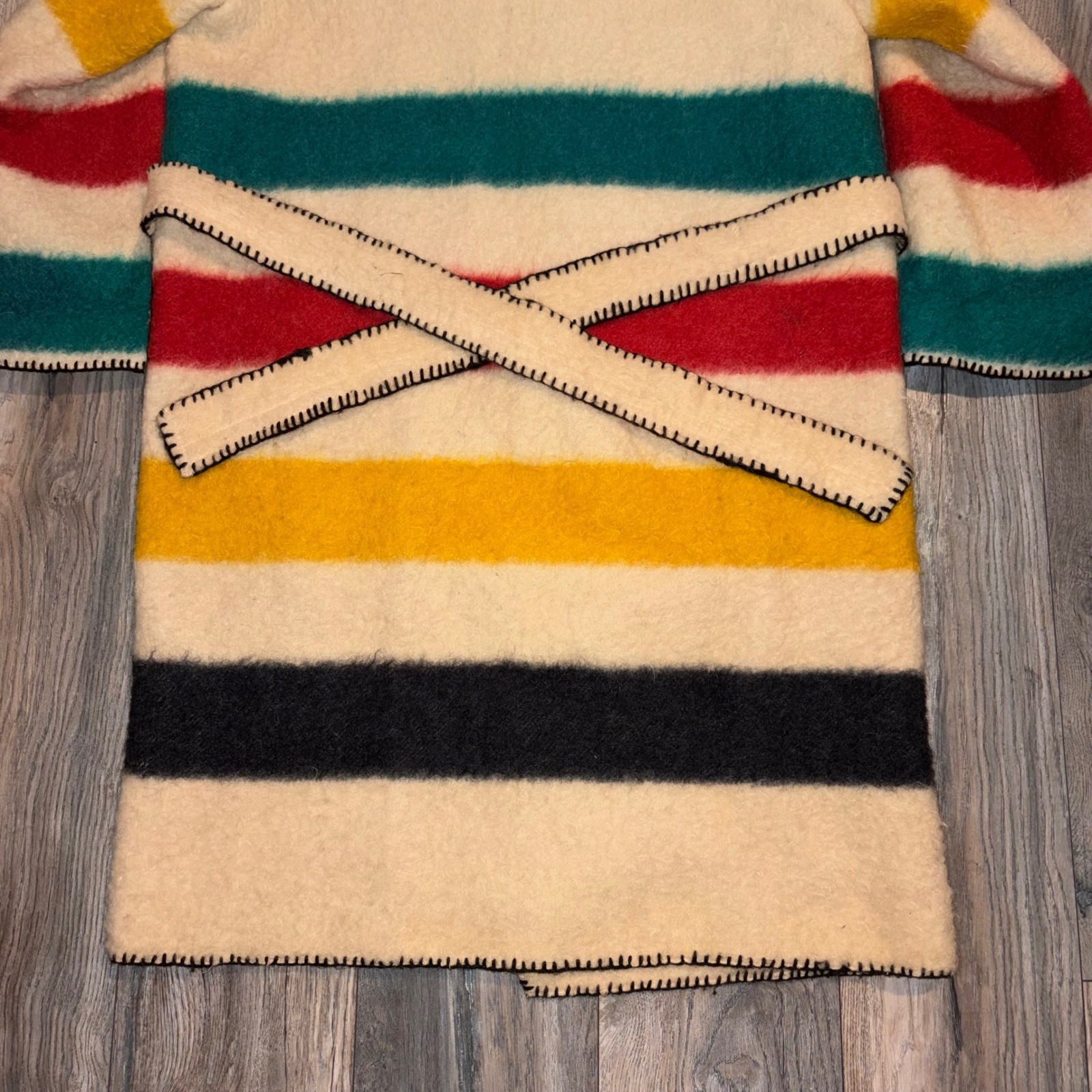 Vintage Handmade Hudson Bay Style Wool Blanket Coat Multi Stripe Hooded Belted